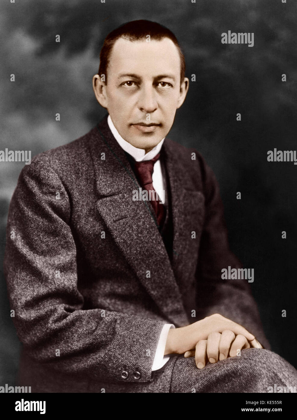 Sergey Rachmaninov - Porträt, sitzen. Russischen Pianisten und Komponisten, 1. April 1873 - vom 28. März 1943. Foto von Mishkin. Stockfoto