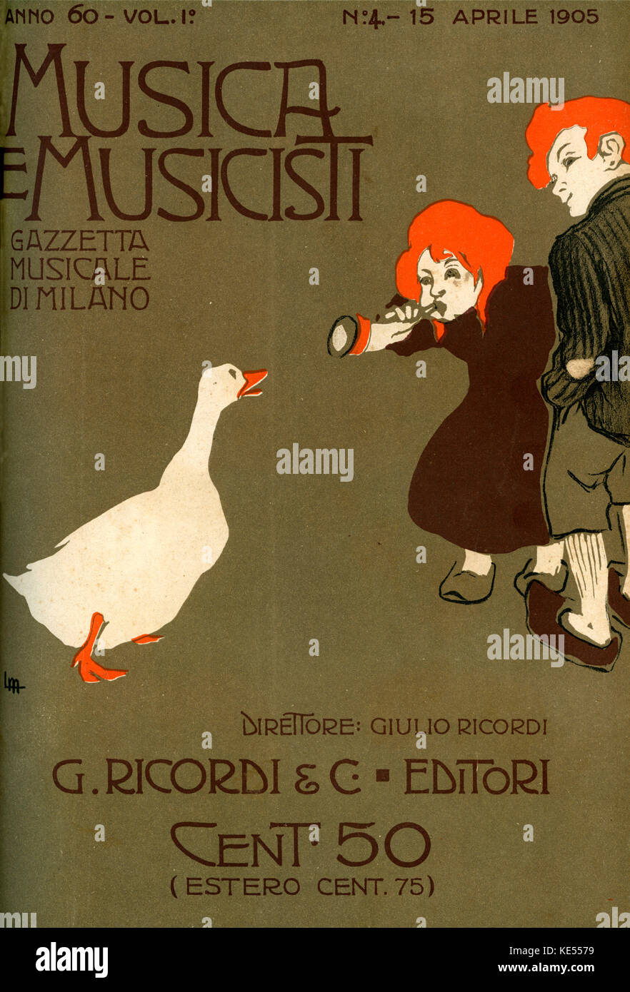 Kinder blwing ein Horn in eine Gans. Abdeckung der Italienischen Musik Magazin, "Musica e Musicisti", die musikalische Zeitung von Mailand, 1905. Jugendstil. Stockfoto