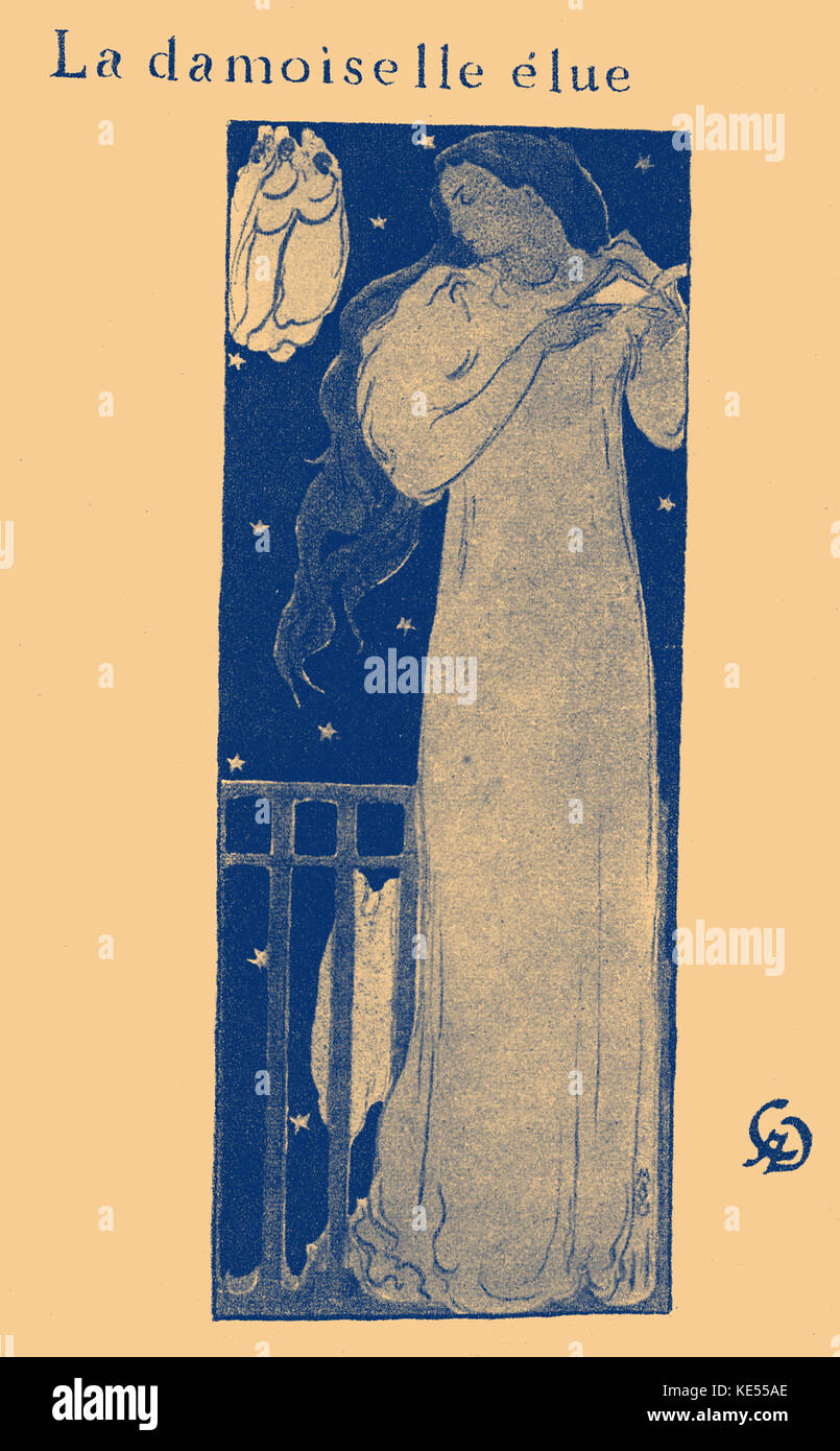 Deckblatt für Claude Debussys canata 'La Damoiselle Élue' (Die selige Damozel), 1888. Illustriert von Maurice Denis. CD: der französische Komponist, 22. August 1862 - 25. März 1918. Stockfoto