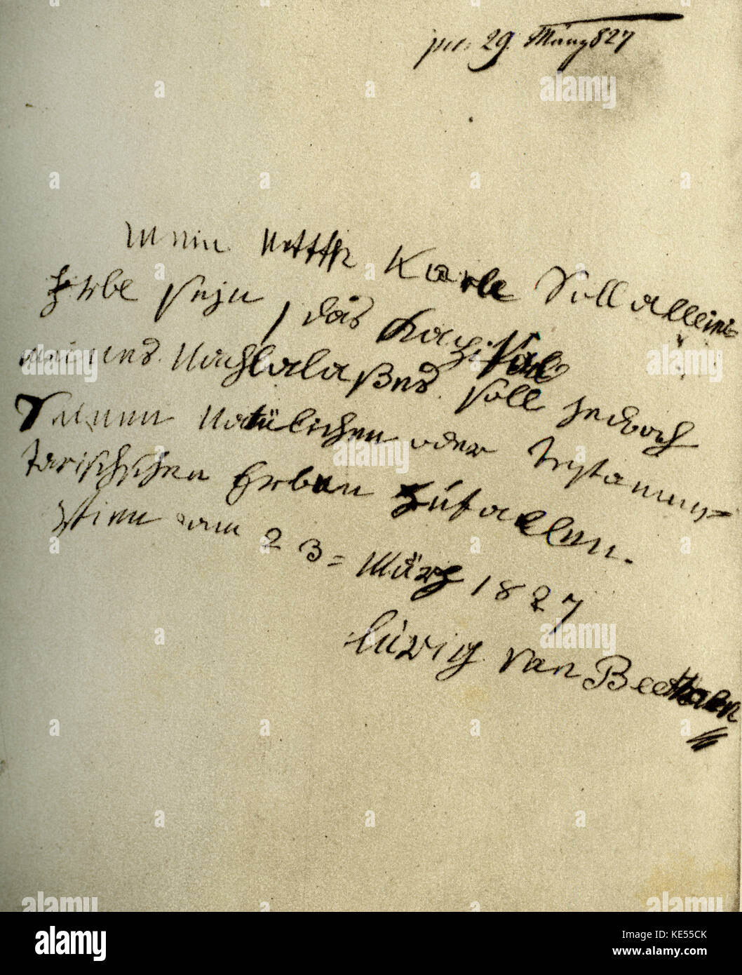 Heiligenstädter Testament - im Jahr 1802 von Ludwig van Beethoven geschrieben. Brief an seine Brüder Karl und Johann in Heiligenstadt über seine Verzweiflung geschrieben wie seine Taubheit erhöht. Im März 1827 entdeckte, nach Beethovens Tod, mit Anton Schindler und Stephan von Breuning, wer hatte sie im folgenden Oktober veröffentlicht. Deutsche Komponist, 17. Dezember 1770 - vom 26. März 1827. Stockfoto