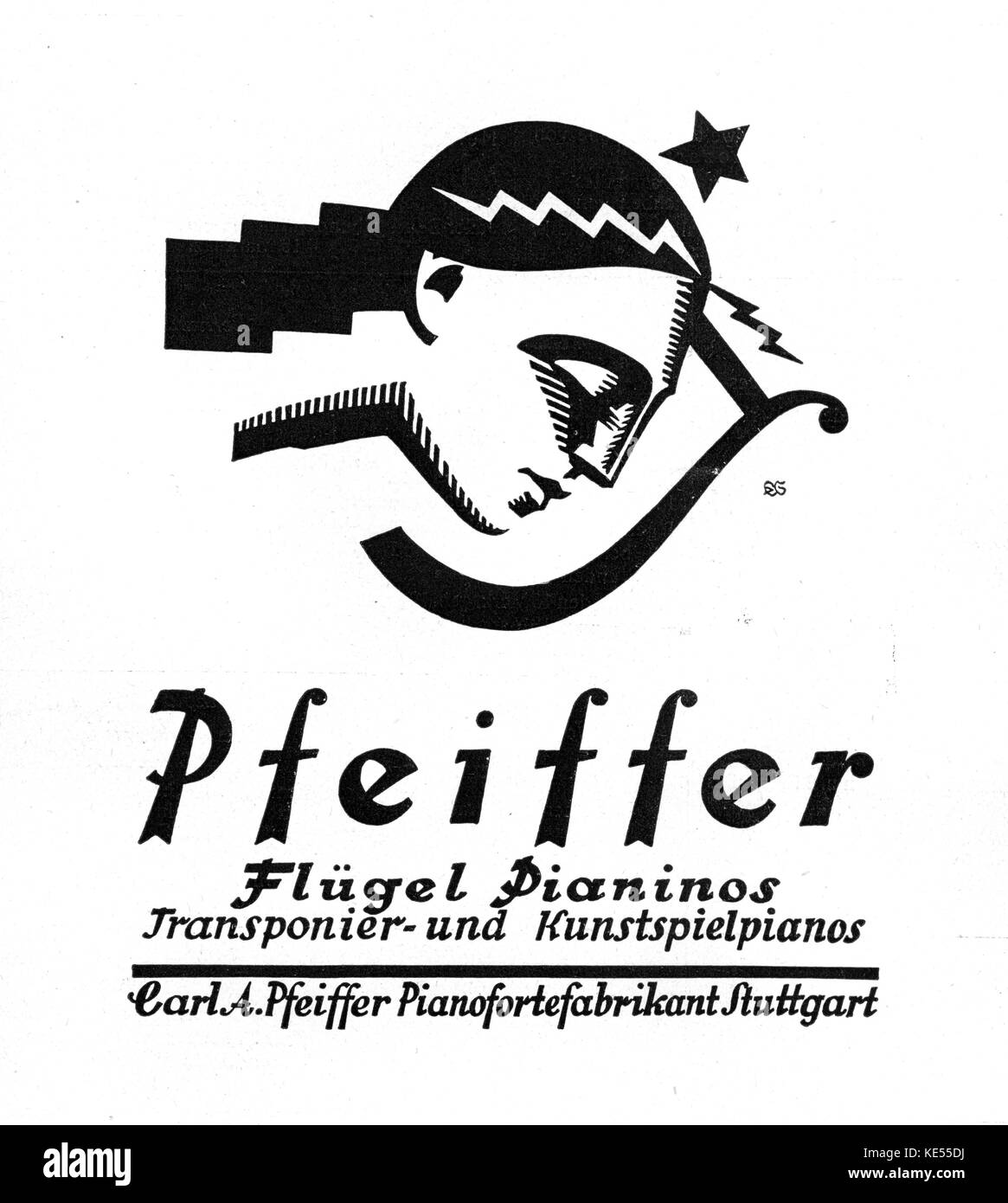 Grand Piano Werbung für Pfeiffer mit Lyra und Mädchen im Profil. Stuttgart, August 1923. Stockfoto