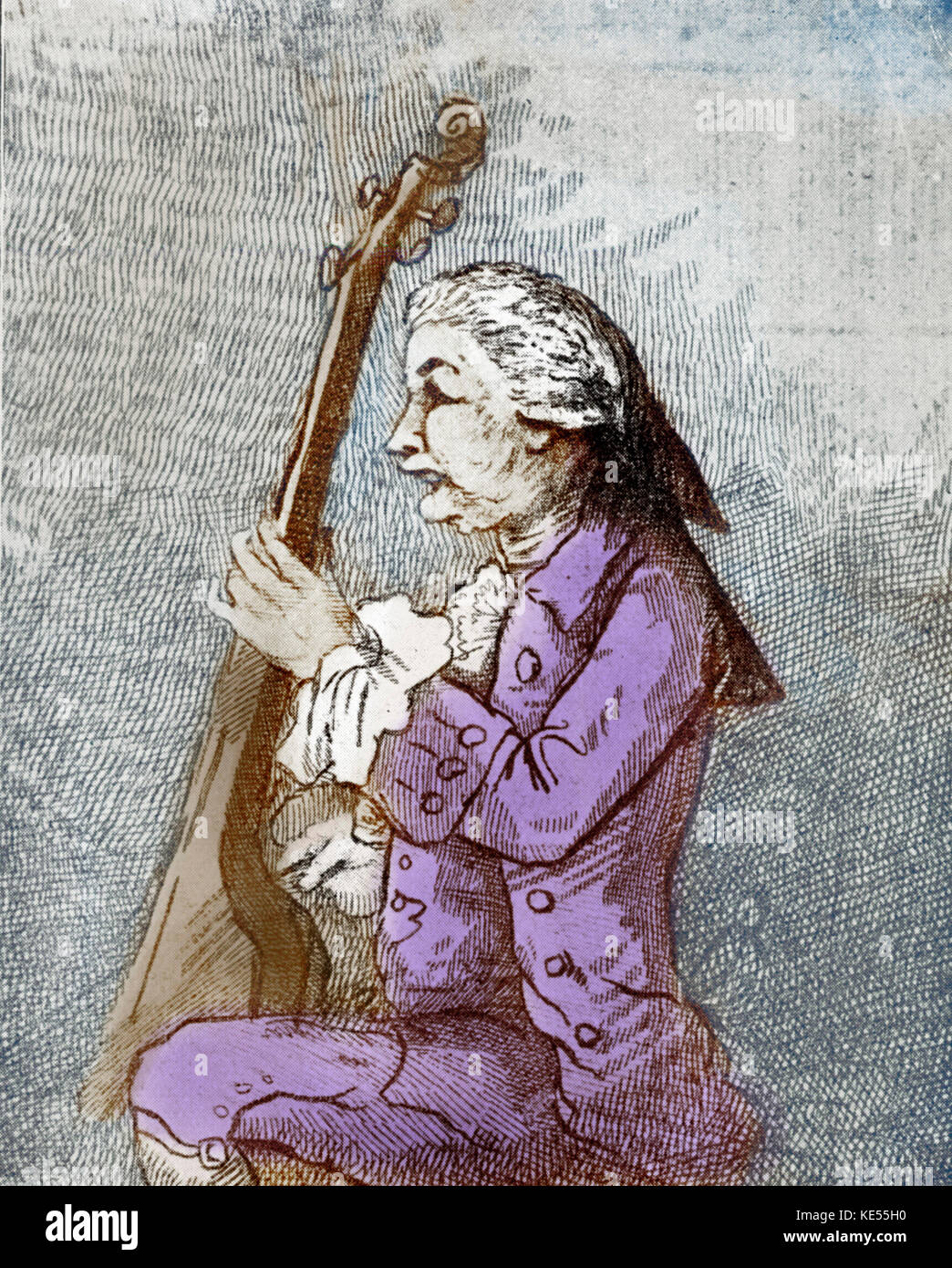 Carl Friedrich Abel Karikatur holding Viola da gambaGerman Komponist und Musiker, Viola da Gamba viirtuoso, 22. Dezember 1723 bis 20. Juni 1787. Radierung von W N Gardiner, 1787. Eingefärbte Version. Stockfoto