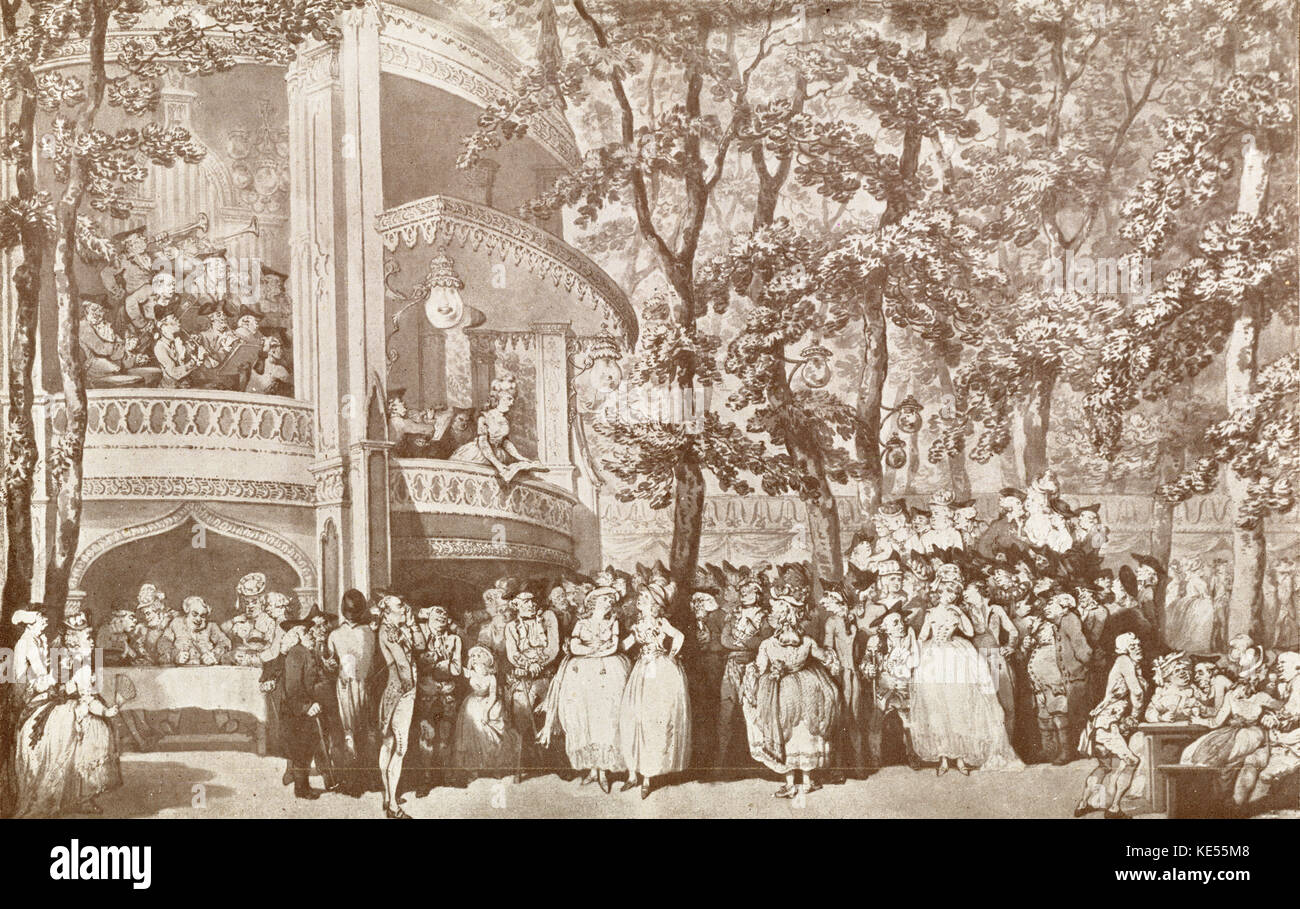 Vauxhall Gardens von Rowlandson (beliebten öffentlichen Gärten im achtzehnten Jahrhundert - musikalische Darbietungen statt. Solist in Box ist Frau Weichsell; Orchester hinter ihr (18. Jahrhundert) Stockfoto