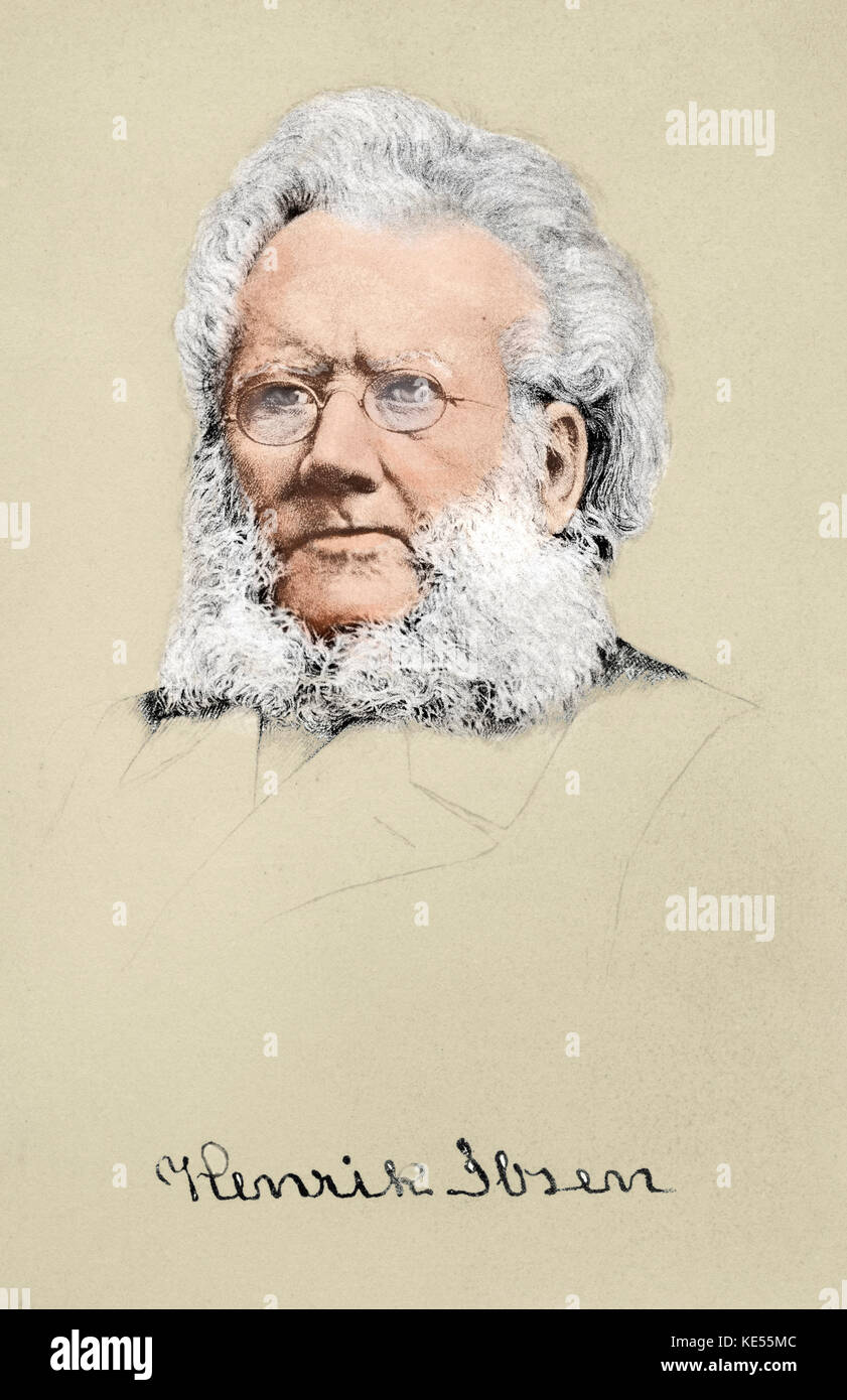 Henrik Ibsen - Kopf mit Unterschrift. Norwegischer Dramatiker. 1828-1906. Zu seinen Werken zählen: Peer Gynt, Puppenhaus, Olav Liljekrans, die Heerfahrt. Eingefärbte Version. Stockfoto