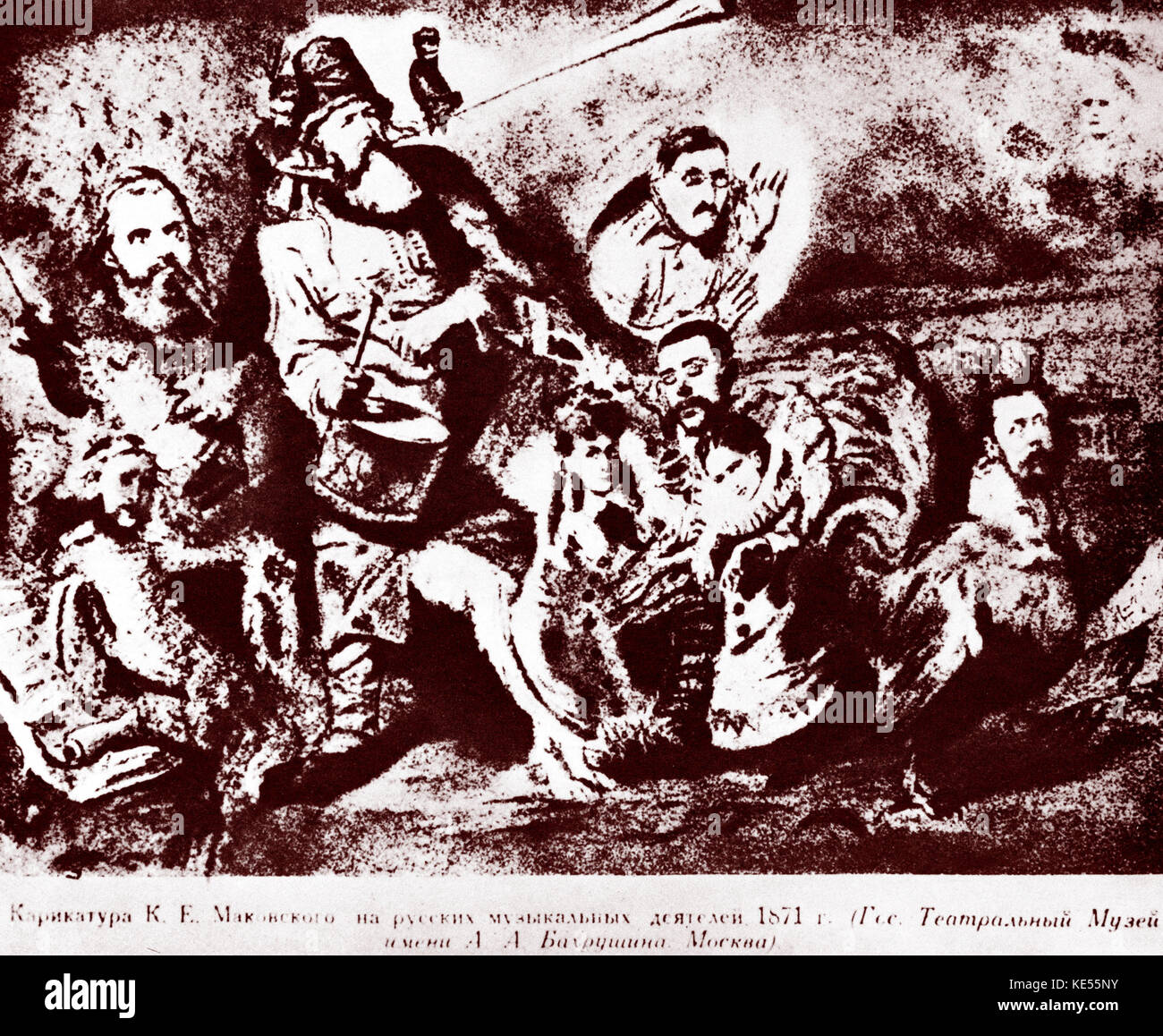 Die mächtigen Fünf oder die Mächtigen Handvoll (Mogucaja kucka). Karikatur von K E Makovsky, 1871. Die fünf Komponisten Cui, Balakirev, Rimski-Korsakow, Mussorgski, Borodin abgelehnt hatte, eine private Leistung von Dargomishsky's Ton Gues' für Turgenjew zu geben. Als T hatte sie mit Bemerkungen über Glinka und Balakirev in seinem Roman "Am Vorabend" beleidigt. Von l nach r: Cesar Cui, Balakirev mit Taktstock, Stasov in Tracht bläst das Horn des Ruhmes und das Schlagen einer Trommel, Victor Hartmann, Architekt und Künstler, deren Ausstellung von Gemälden Mussorgskys "Bilder einer Ausstellung" inspiriert, sitzen auf den Stasov Stockfoto