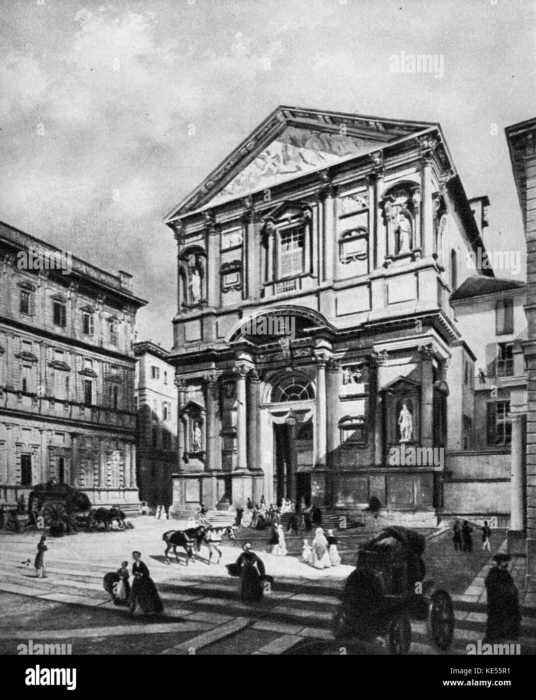 San Fedele Jesuitenkirche in Mailand, Italien. Italienischer Dichter und Schriftsteller Alessandro Manzoni fiel und schlug seinen Kopf auf eine der Steinstufen und starb im Jahre 1873. Verursacht Verdi zu seinem Requiem Mass GV schreiben: Italienischer Komponist, 9 oder 10 Oktober 1813 - 27. Januar 1901. Stockfoto