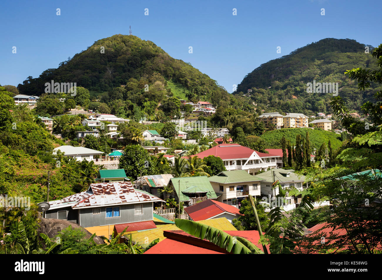 Die Seychellen, Mahe, Victoria, Bel Air, Suburban Häuser Stockfoto