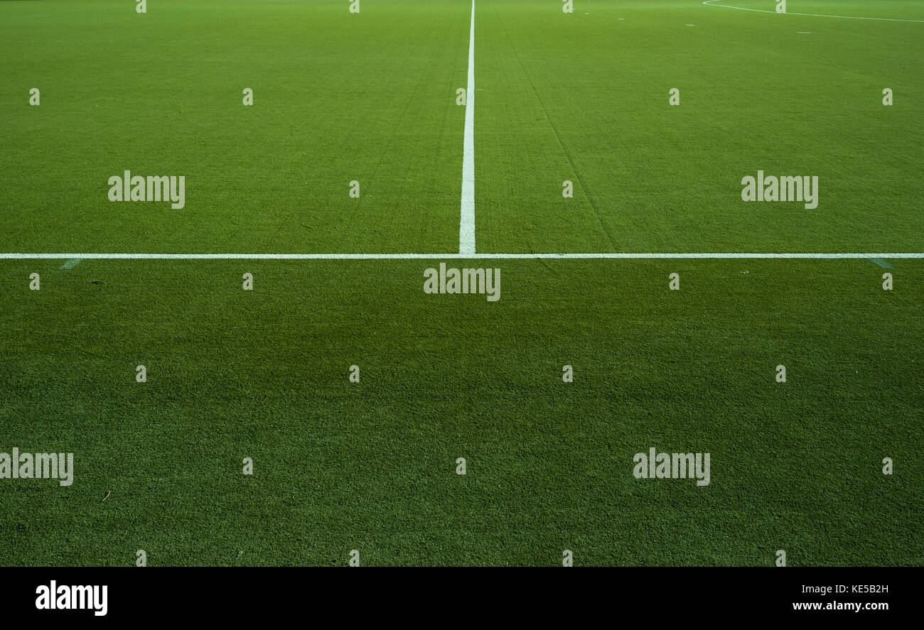 Blick auf ein Fußballfeld mit horizontalen und vertikalen Linien Stockfoto