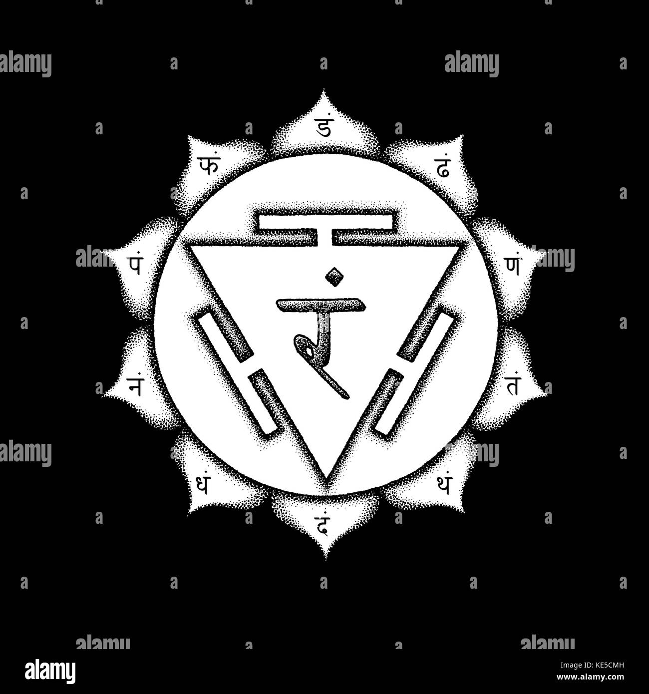 Vektor dritte Chakra manipura Sanskrit Stadt der Juwelen Saatgut mantra ram Hinduismus Silben auf Lotusblüten. dot arbeiten Tattoo Style Hand gezeichneten weißen monoch Stock Vektor