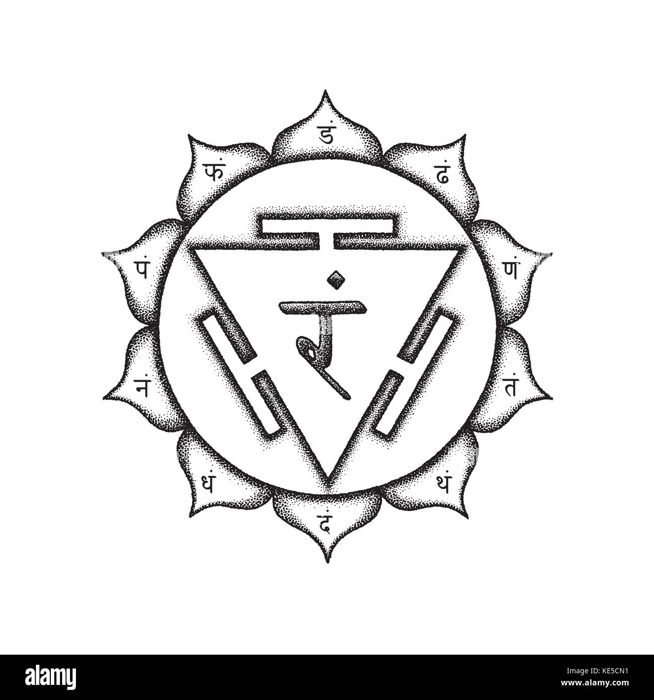 Vektor dritte Chakra manipura Sanskrit Stadt der Juwelen Saatgut mantra ram Hinduismus Silben auf Lotusblüten. dot arbeiten Tattoo Style Hand gezeichnet Schwarz monoch Stock Vektor