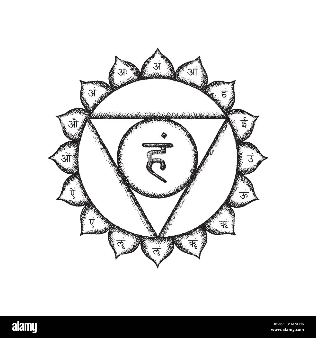 Vektor fünften vishuddha Hals- Chakra sanskrit Saatgut mantra Schinken Hinduismus Silben auf Lotusblüten. dot arbeiten Tattoo Style Hand gezeichnet Schwarz monochrome Sy Stock Vektor