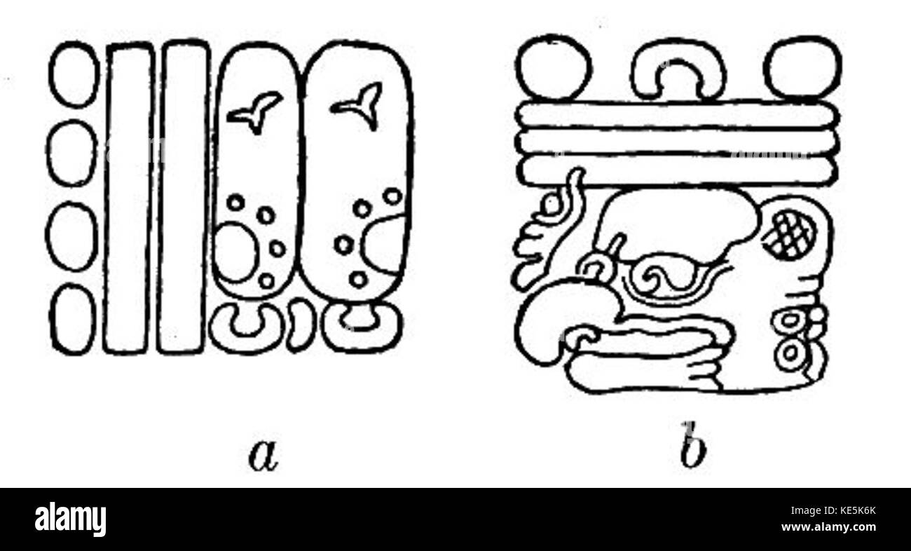 Dieses Bild zeigt eine Reihe von Maya-Hieroglyphen mit den komplizierten Symbolen, die von der alten Maya-Zivilisation verwendet wurden, um Geschichte, Mythologie und Regierungsführung zu schreiben und aufzuzeichnen. Stockfoto