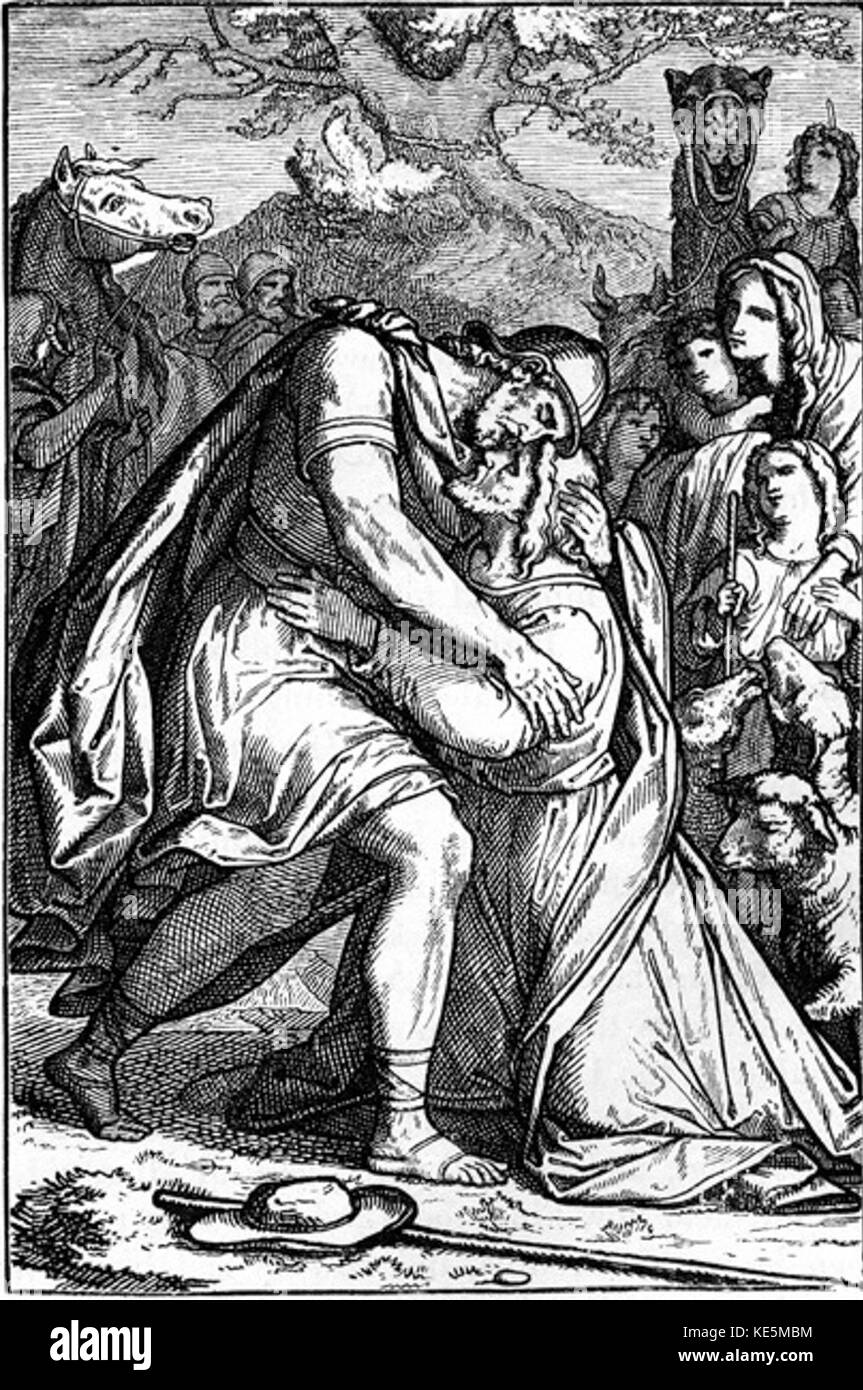 Diese Darstellung der biblischen Begegnung zwischen Jakob und Esau veranschaulicht die emotionale Begegnung zwischen den beiden Brüdern, ein entscheidender Moment im Buch Genesis, der Themen der Versöhnung und des familiären Konflikts betont. Stockfoto