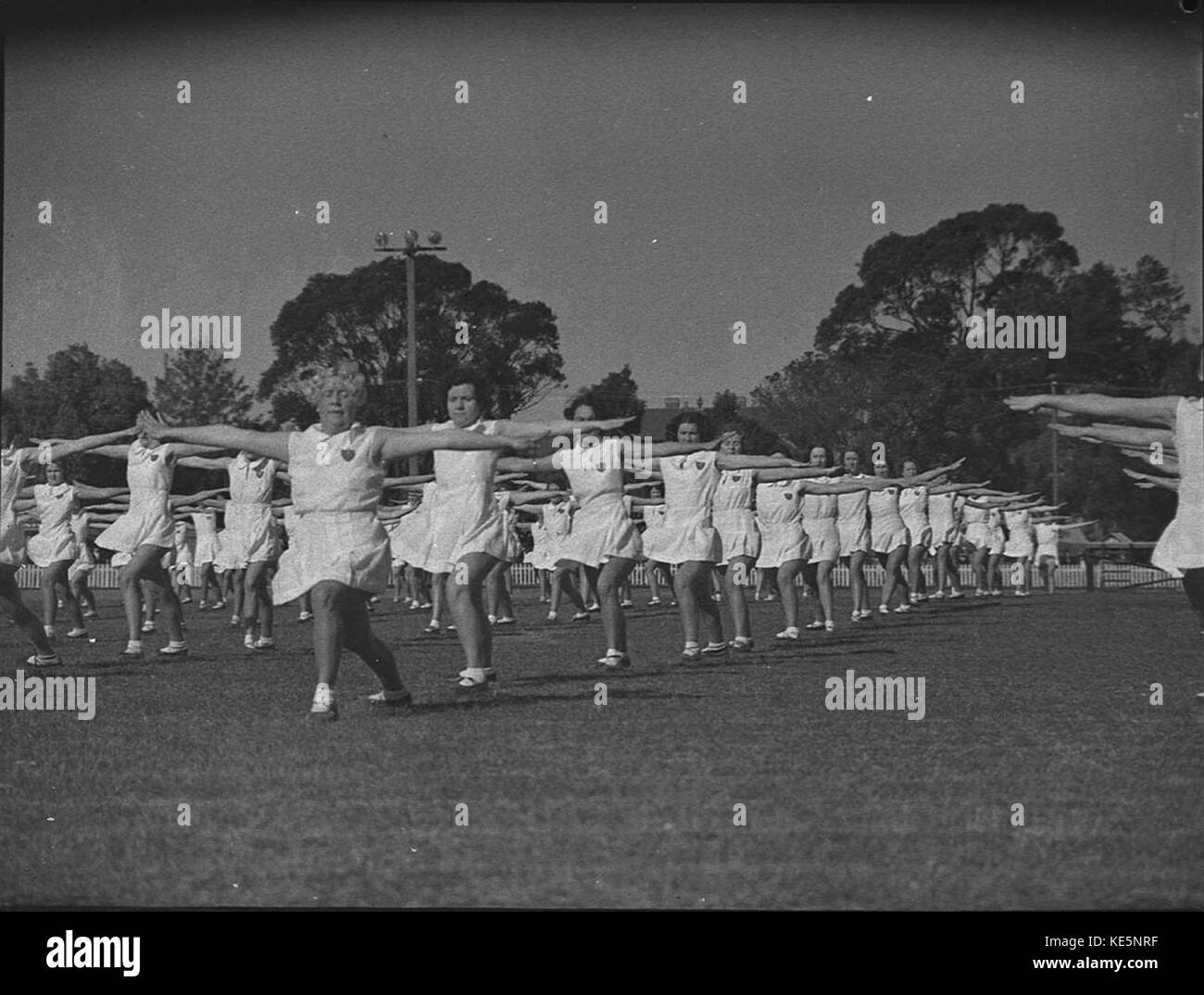 Dieses Bild zeigt eine Gruppe von Turnern, die eine Präsentation durchführen, wahrscheinlich während einer Ausstellung oder eines Wettkampfs. Die Turner demonstrieren ihre Fähigkeiten in einer Vielzahl von Turnübungen und zeigen dabei Leichtathletik und Präzision. Stockfoto