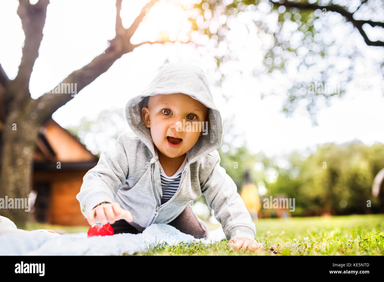 Baby auf dem Rasen im Garten. Stockfoto