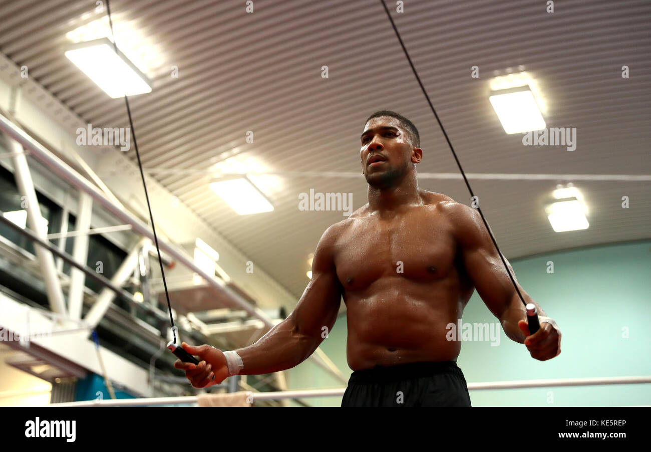 Anthony Joshua während einer Mediensitzung am English Institute of Sport, Sheffield. DRÜCKEN Sie VERBANDSFOTO. Bilddatum: Dienstag, 17. Oktober 2017. Siehe PA Geschichte BOXEN Joshua. Bildnachweis sollte lauten: Tim Goode/PA Wire Stockfoto