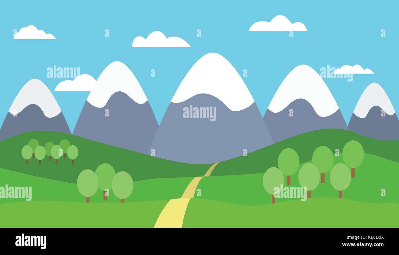 Panoramablick cartoon Berglandschaft mit blauer Himmel, weiße Wolken, Bäume, Schnee auf den Gipfeln, Hügel und durch die Berge - Vector Illustration, Fla Stock Vektor