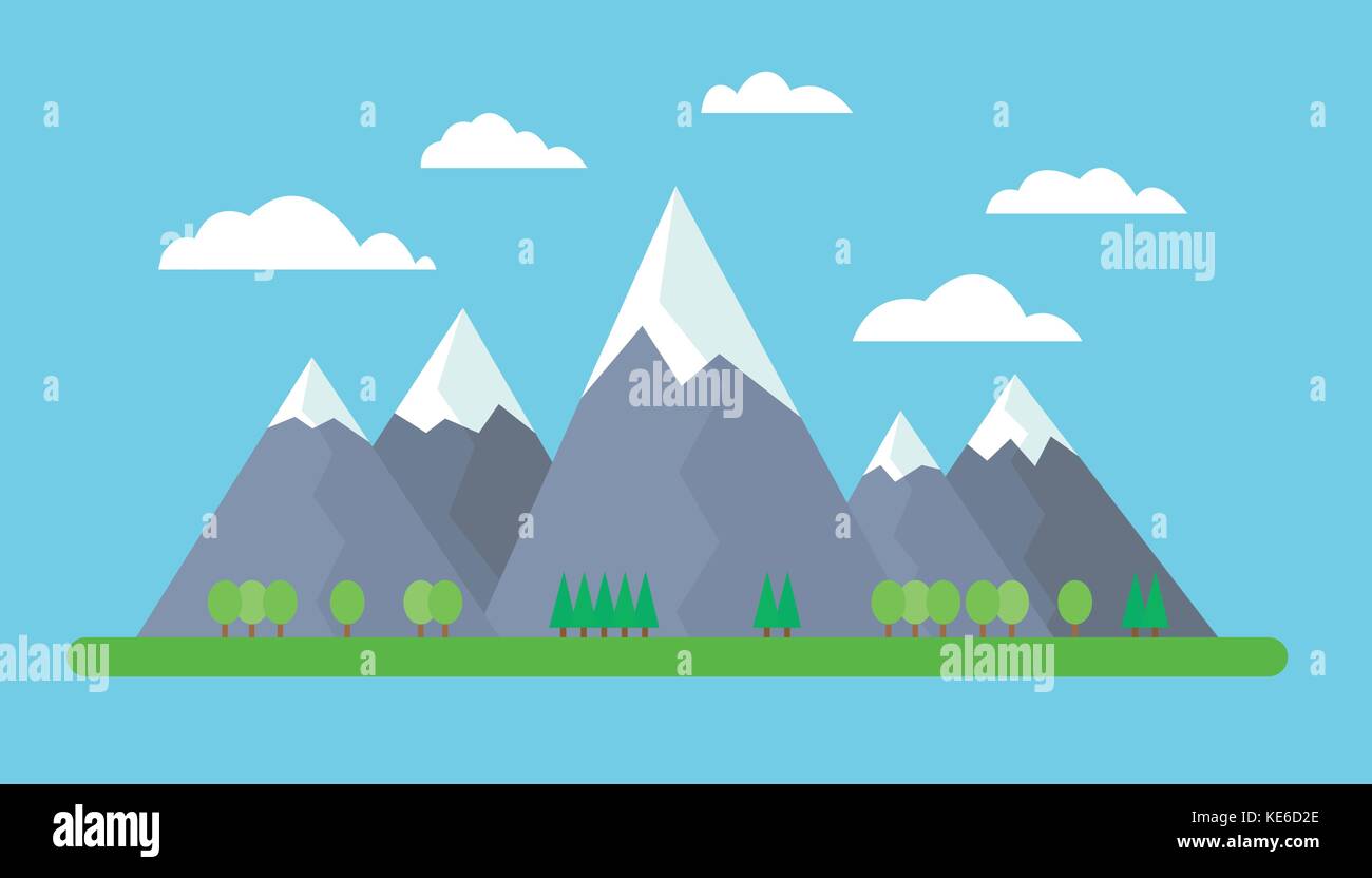 Flaches Design Illustration von Bergen auf der Wiese mit Bäumen im Vordergrund unter blauem Himmel mit Wolken-Vektor Stock Vektor