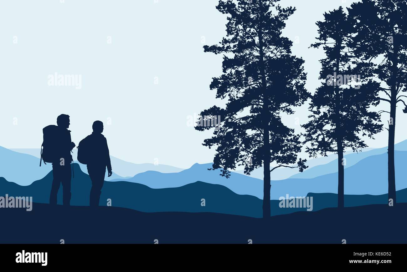 Vector Illustration einer Berglandschaft mit Bäumen und ein Mensch unter einem blau-grauen Himmel mit Platz für Text fotografiert werden Stock Vektor