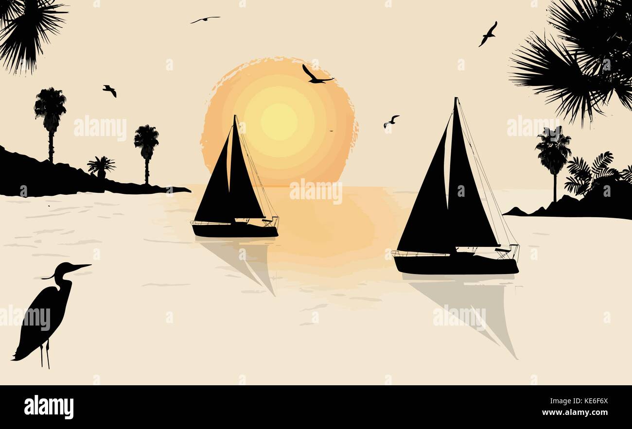 Silhouette einer sailingboats am Meer an der wunderschönen Sonnenuntergang, Vektor, Abbildung Stock Vektor