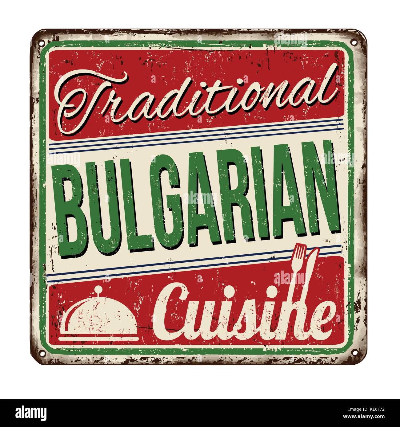 Traditionelle bulgarische Küche vintage rostiges Metall Zeichen auf weißem Hintergrund, Vector Illustration Stock Vektor