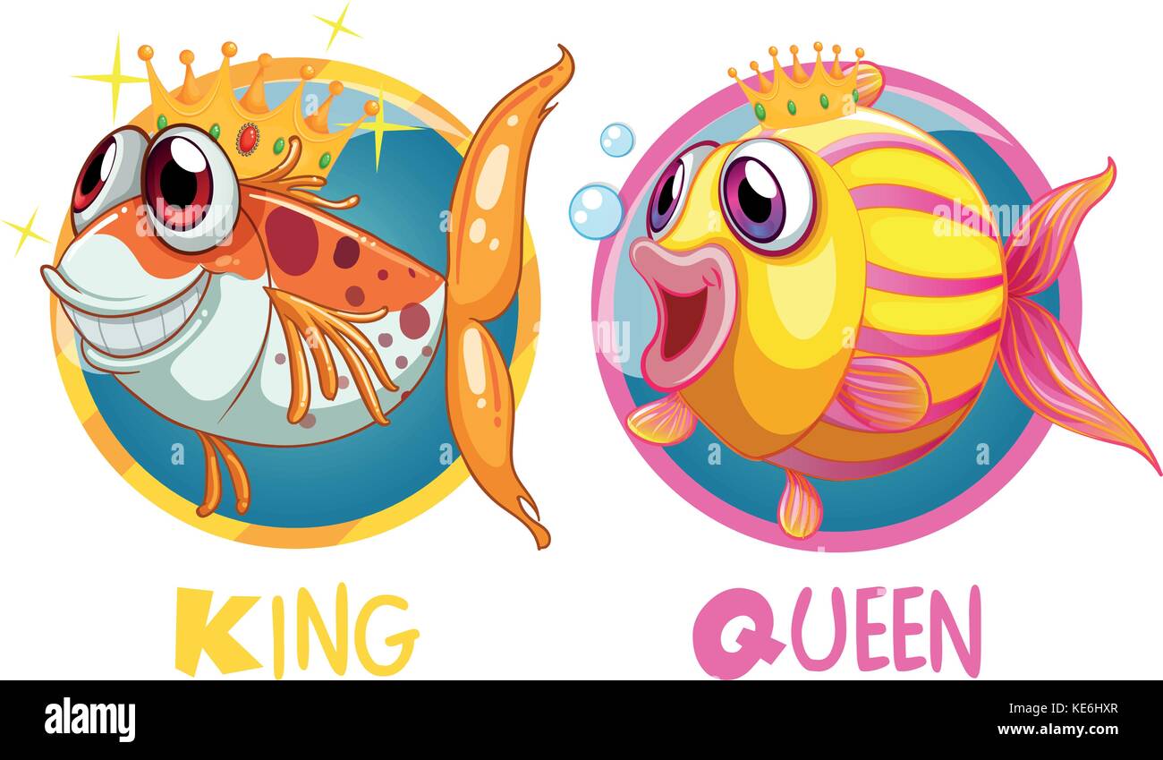 Der König und die Königin, die Fische auf runde Abzeichen Abbildung Stock Vektor