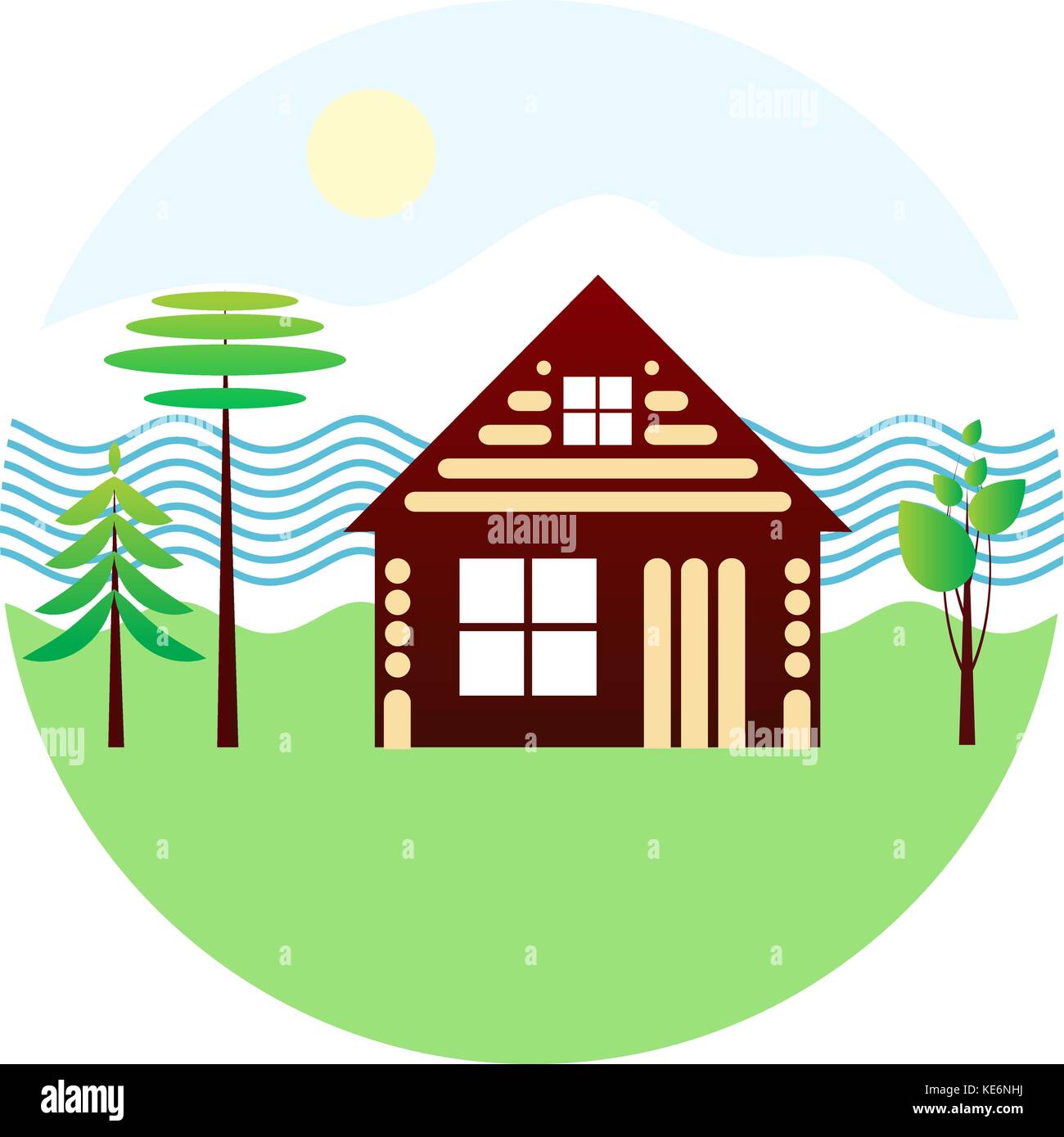 Symbol - Holzhaus, Fluss, Bäume, schematische Zeichnung auf weißem Hintergrund, Vektor Emblem Stock Vektor