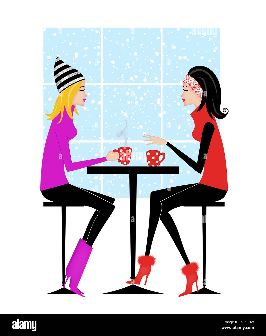 Mode Abbildung von zwei stilvolle Frauen im Winter Kleidung in Kaffee oder Kakao Stockfoto