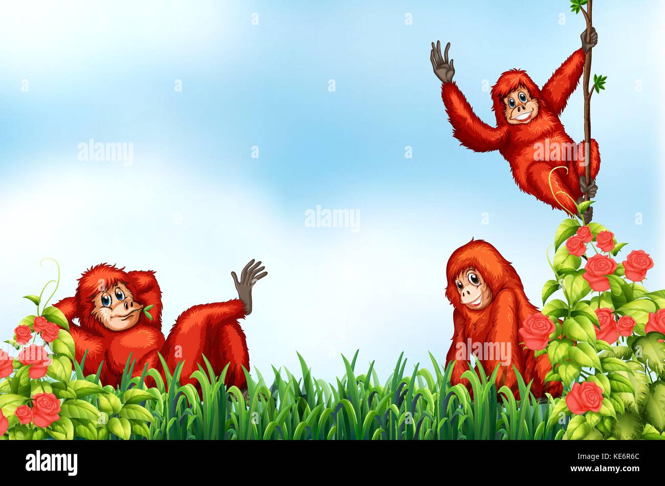 Drei rote cimpanzee entspannen, der natürliche Lebensraum Stock Vektor