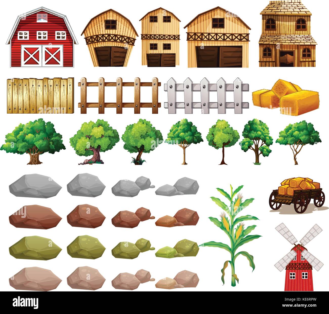 Abbildung: Eine Reihe von landwirtschaftlichen Objekten und Gebäuden Stock Vektor
