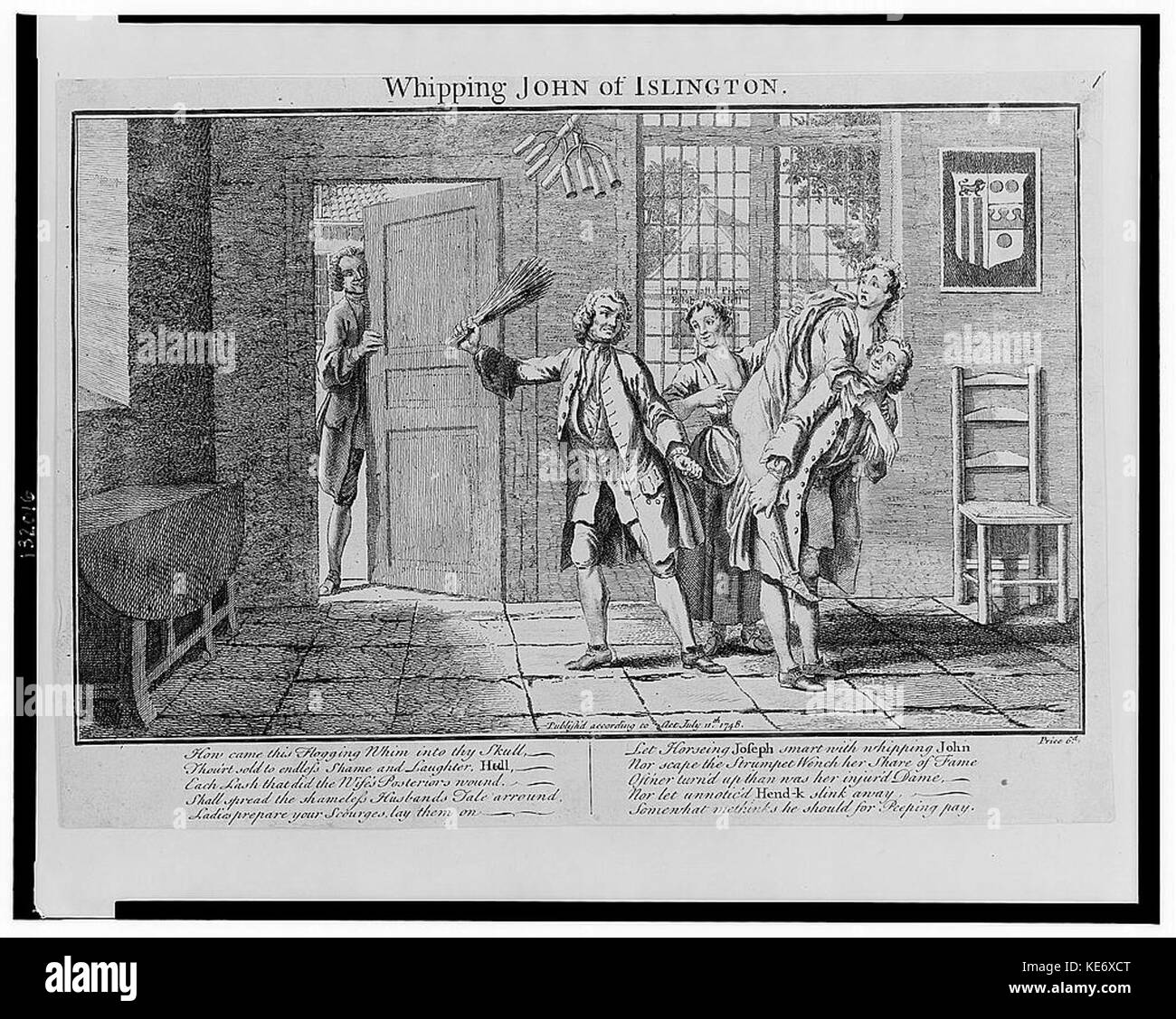 Das Bild zeigt die historische Figur John of Islington, die ausgepeitscht wurde und eine Bestrafung darstellt, die in der historischen englischen Gesellschaft üblich ist. Stockfoto