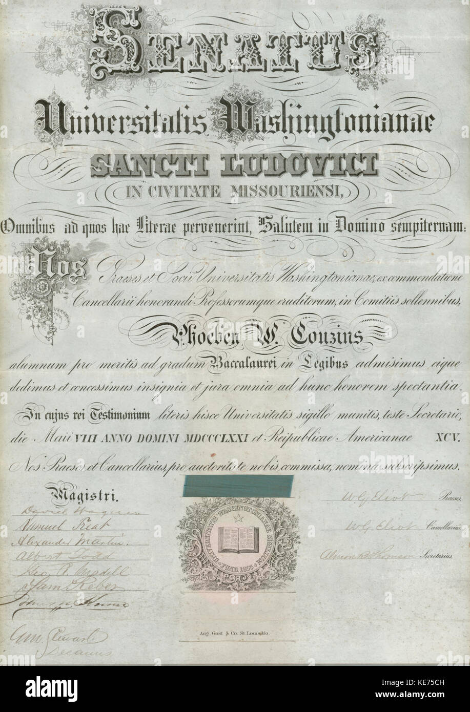 Washington Universität Diplom von Phoebe Couzins, unterzeichnete Präsident W. G. Eliot et. al., 8. Mai 1871 Stockfoto