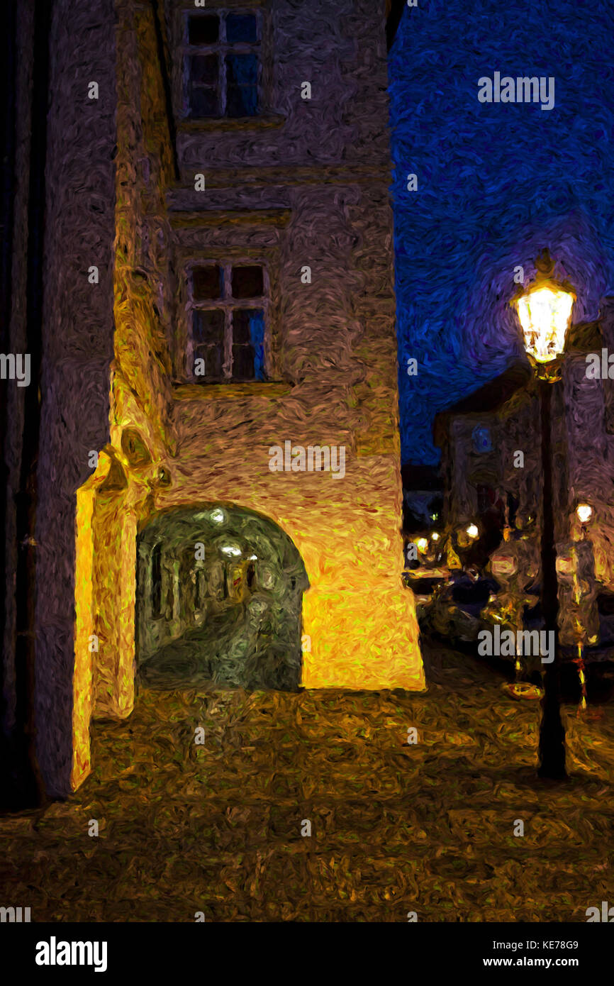 Digitale Kunst mit feinen Pinselstrichen, suggestive Aussicht auf einer Straße in Prag bei Nacht Stockfoto