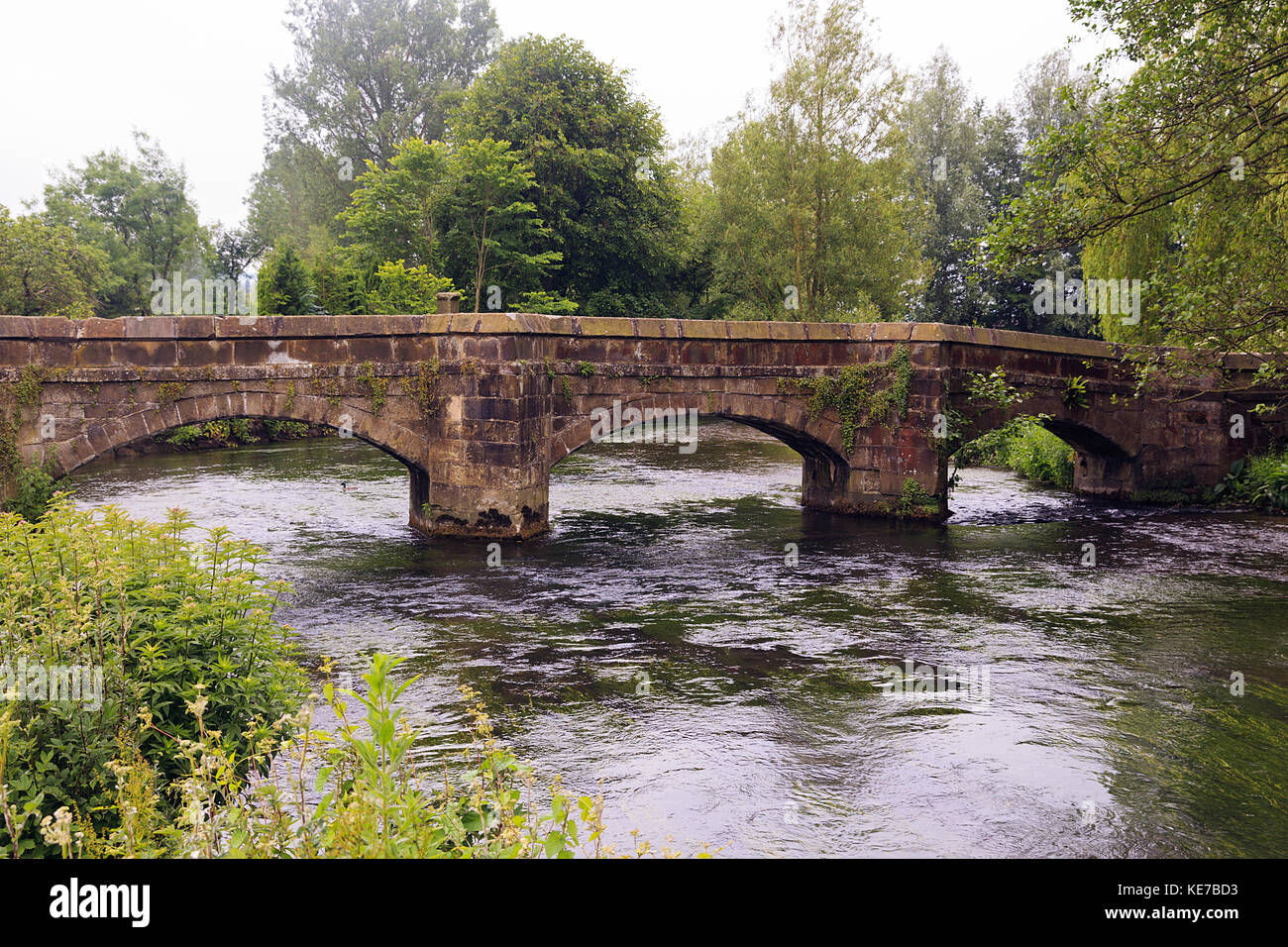 Das 17. Jahrhundert Packesel Brücke über den Fluss Wye am Stadtrand von Bakewell Stockfoto