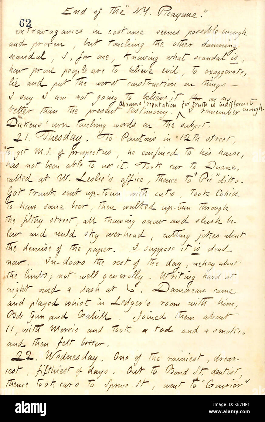 Dieser Eintrag aus den Tagebüchern von Thomas Butler Gunn gibt einen persönlichen Bericht über das Leben im 19. Jahrhundert und reflektiert soziale, politische und kulturelle Ereignisse dieser Zeit, insbesondere in den Vereinigten Staaten. Stockfoto
