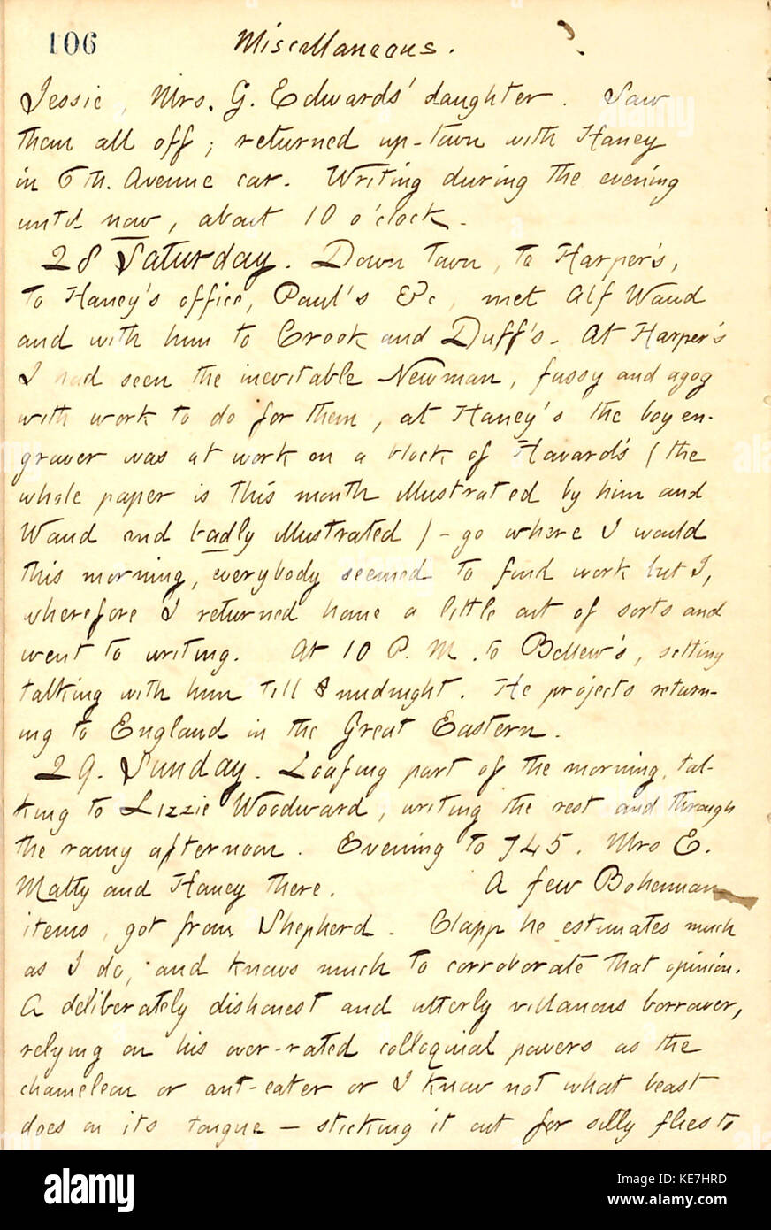 Ein Eintrag aus den Tagebüchern von Thomas Butler Gunn vom 27. Juli 1860, der einen Einblick in sein Leben und den historischen Kontext dieser Zeit gibt. Stockfoto