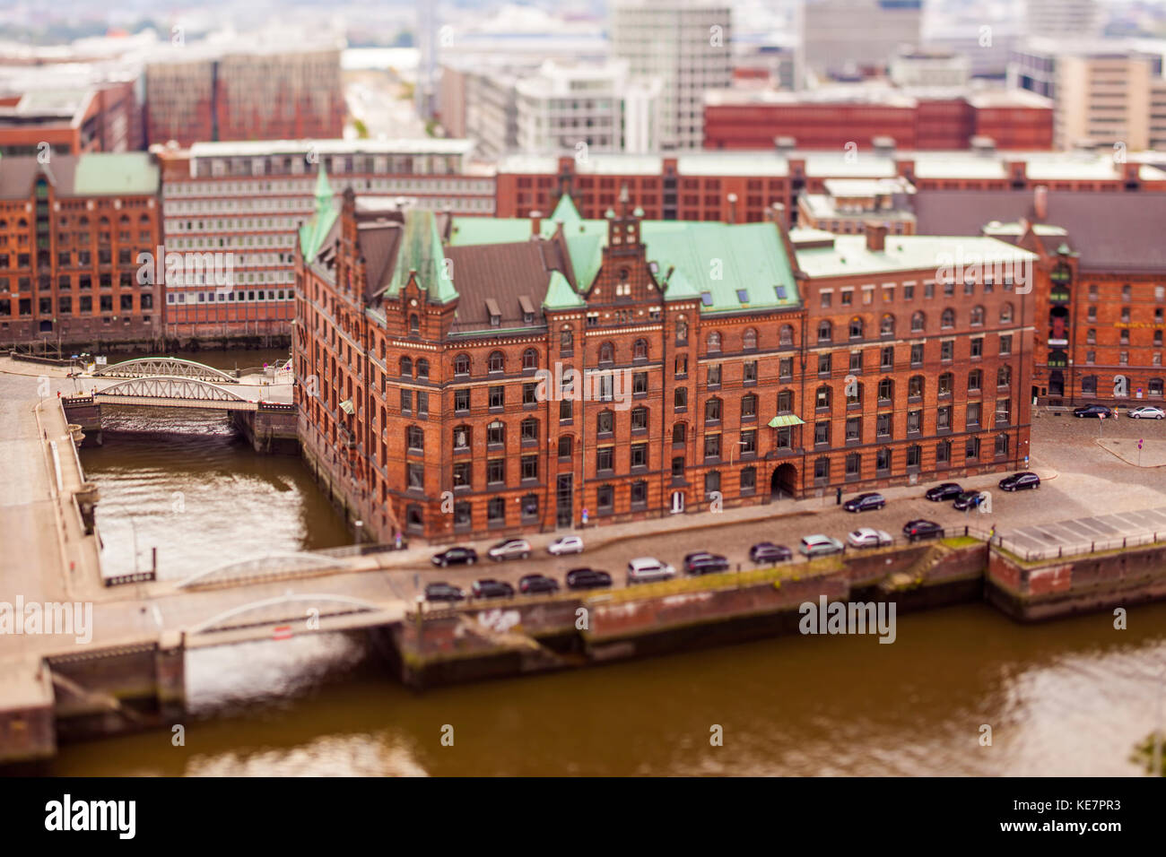 Historisches Lagerhaus in der Speicherstadt Hamburg, Tilt-Shift-Fotografie Stockfoto