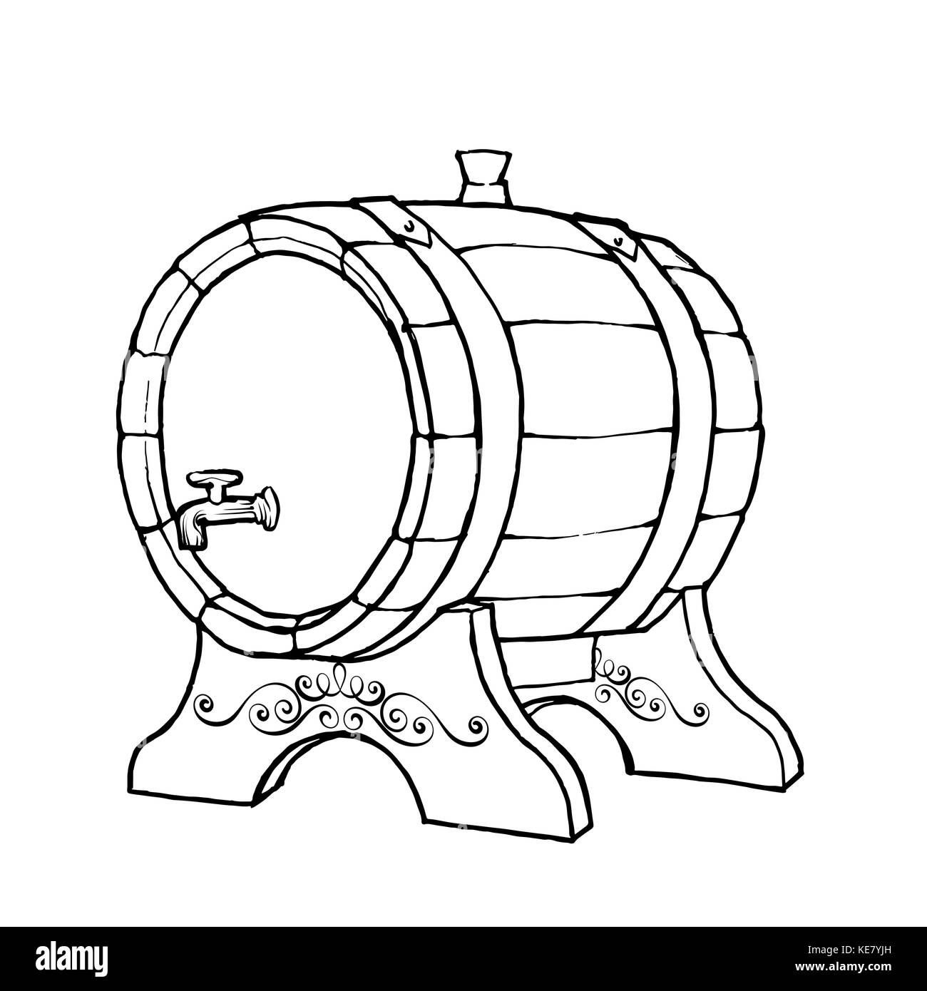 Vektor Skizze Abbildung eines hölzernen Weinfass mit dem Wasserhahn im  Vintage Style mit Ständer. Handgezeichnete kilderkin Logo  Stock-Vektorgrafik - Alamy