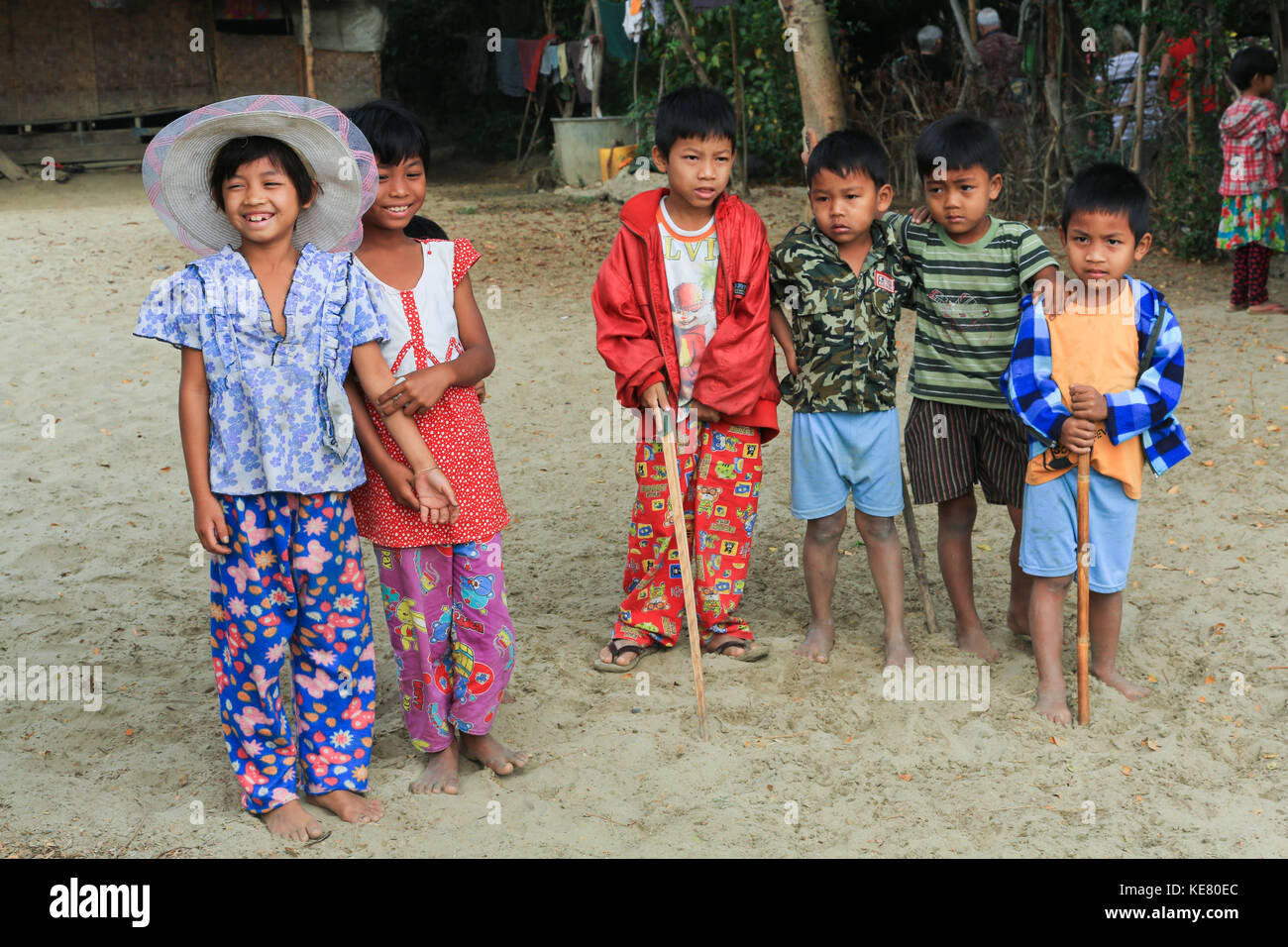 Nyaunghtaw Dorf liegt auf der linken (östlichen) Ufer des Irrawaddy Flusses ayeyarwaddy Provinz in Myanmar (Birma). Rinder stehen unter Bäumen. Stockfoto