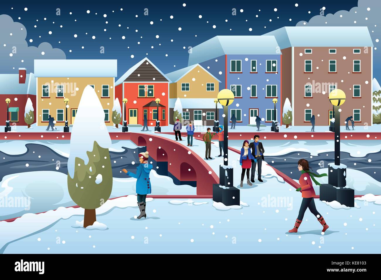 Ein Vektor Illustration von Menschen zu Fuß in der Stadt im Winter Stock Vektor