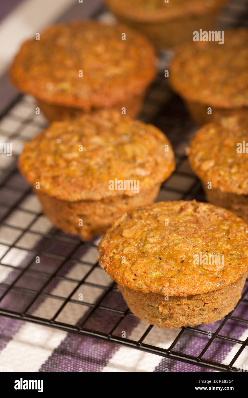 Frisch gebackene Zucchini muffins Kühlung auf einem Rack Stockfoto