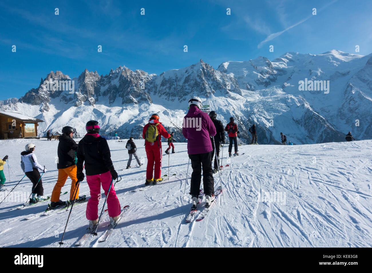 Skifahrer im Skigebiet Brevent-Flegere, Chamonix, Frankreich Stockfoto
