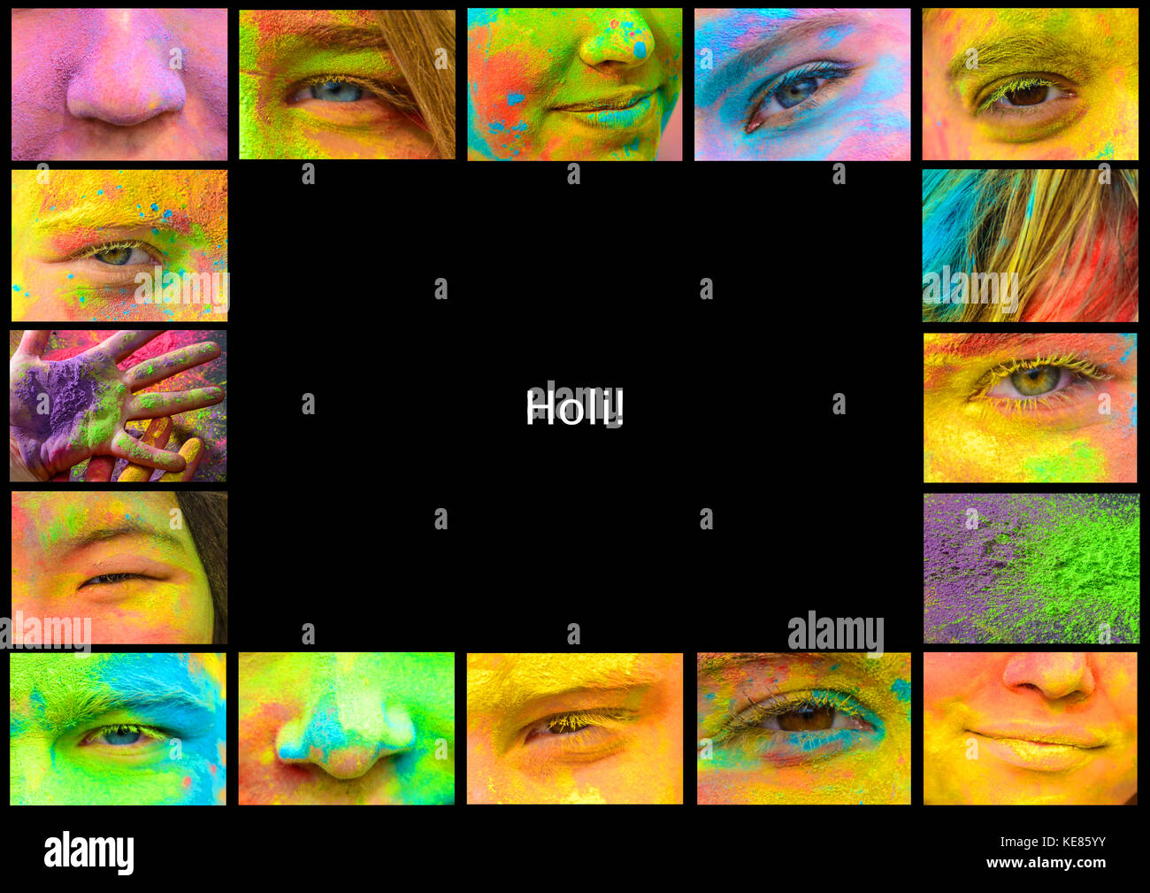 Rahmen Bilder von Holi gemalten Menschen Körper teilen Stockfoto