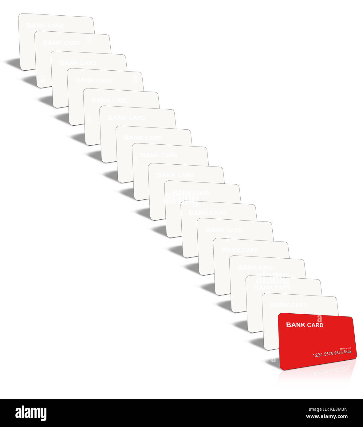 Viele Kreditkarte, nur ein rot. isoliert auf Weiss. Stockfoto