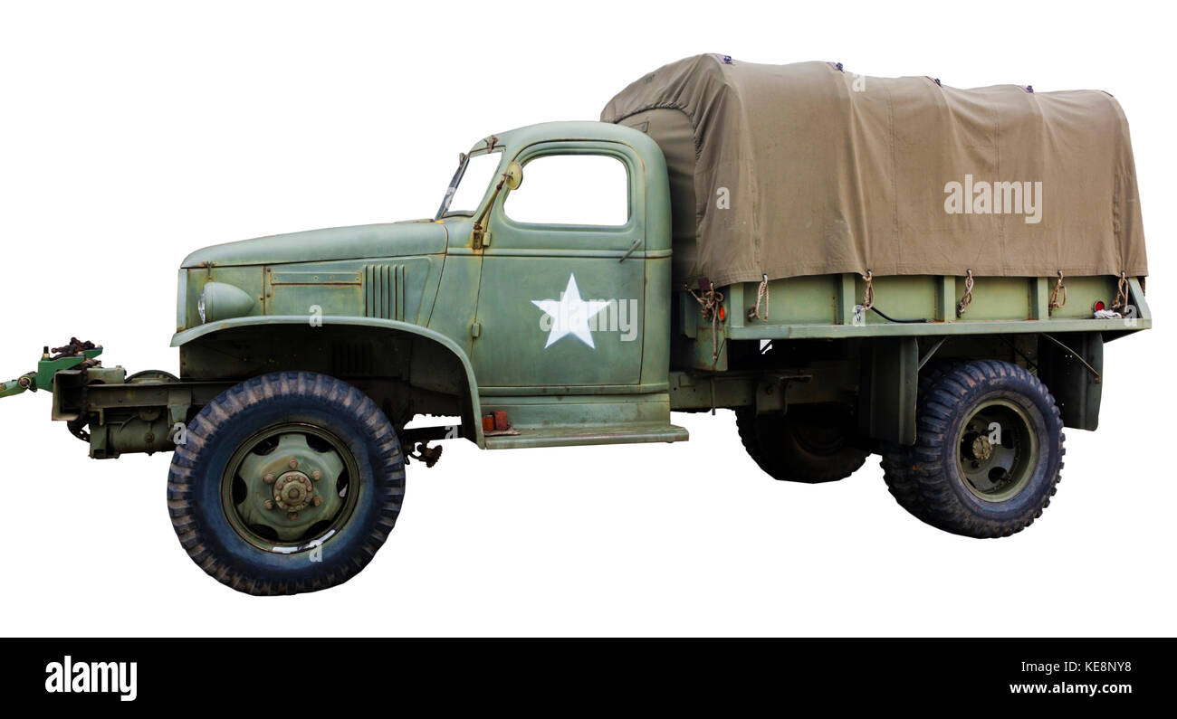 Seitenansicht der isolierten Vintage green Army truck mit weissen Stern. Stockfoto