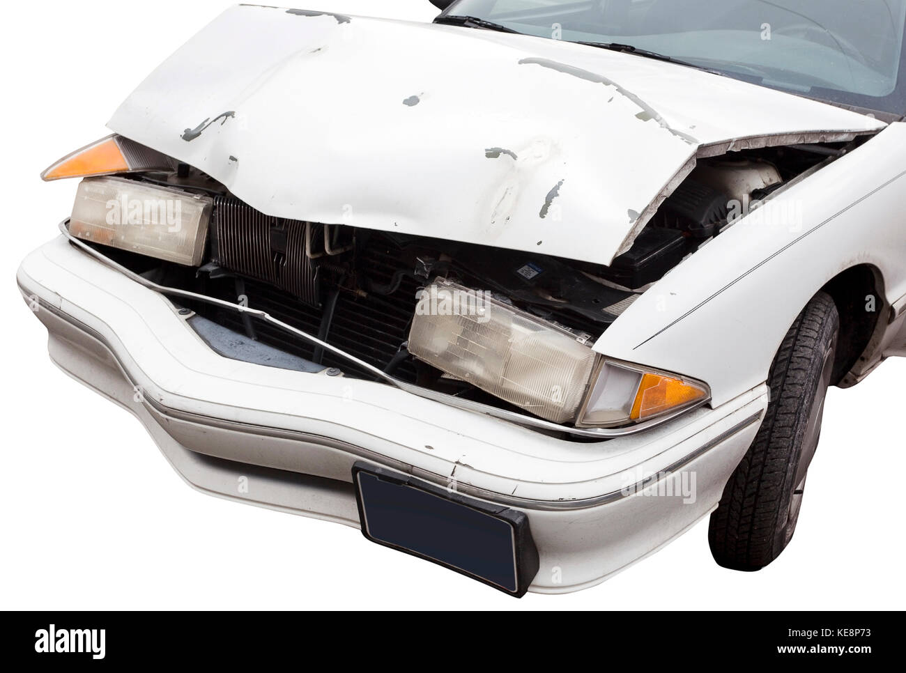 Autsch... zerknittert vor dem Auto im Auto Unfall verwickelt. isoliert. Stockfoto
