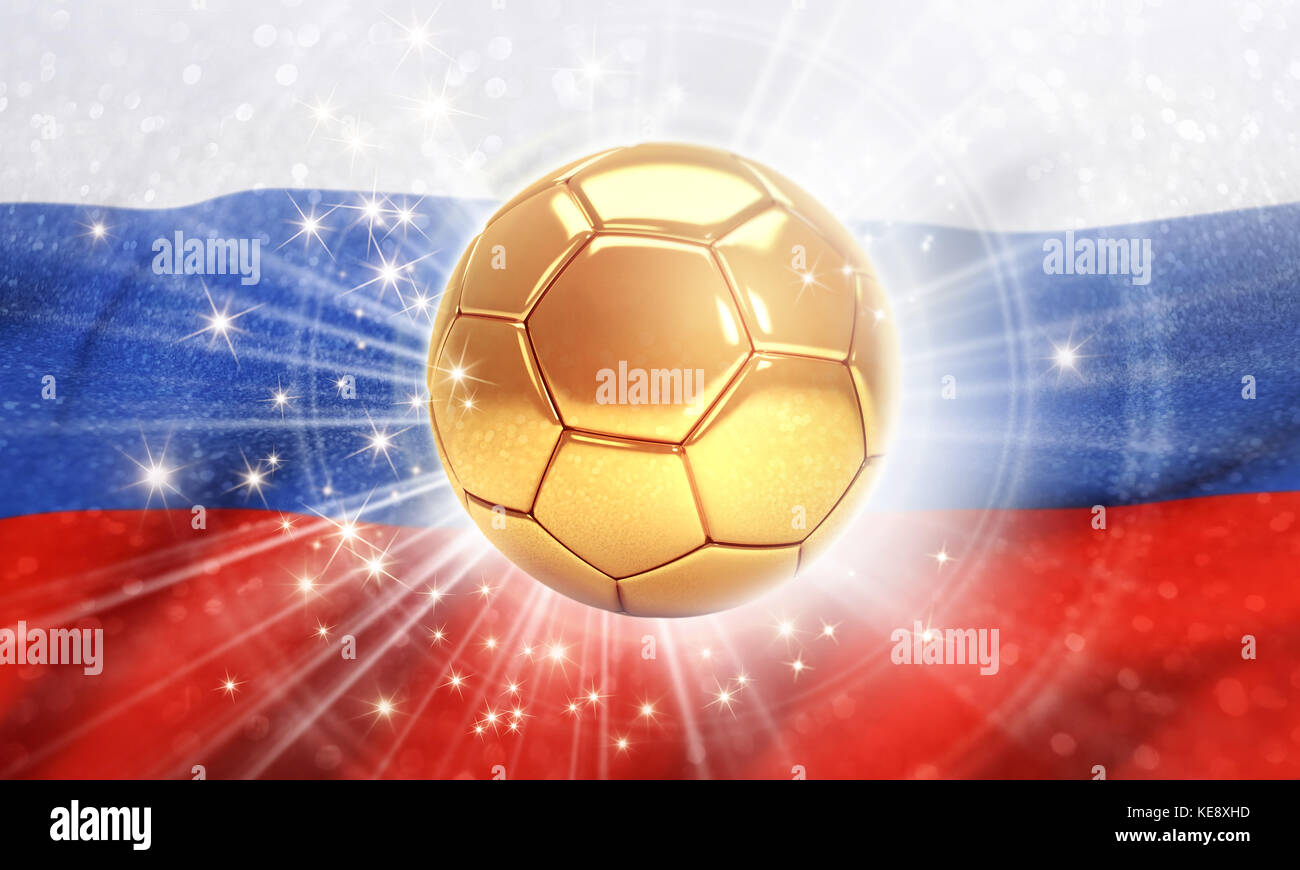 Goldener Fußball, der auf der russischen Flagge leuchtet. 2018 internationale Fußballveranstaltung. 3D-Abbildung Stockfoto