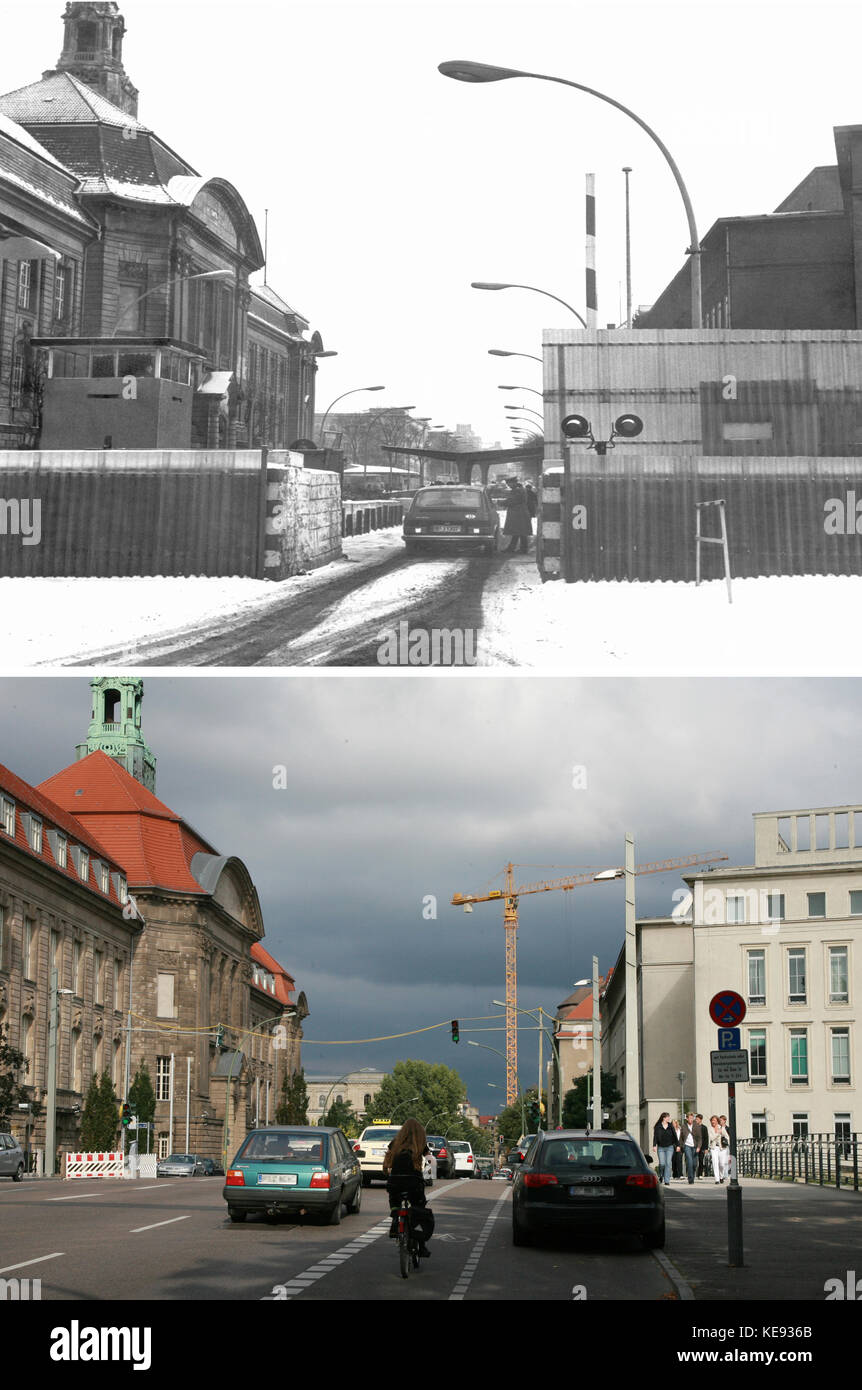 Das zweiteilige Verbundbild zeigt ostdeutsche Grenzschutzbeamte am Grenzübergang Invalidenstraße/Ecke Sandkrugbrücke, in Richtung Ost-Berlin, 05. März 1971 (oben). Das Foto unten zeigt die Straße am 12. September 2009 an gleicher Stelle mit dem Gebäude, in dem heute das Bundesministerium für Wirtschaft und Technologie (L) untergebracht ist. Hier teilte die Berliner Mauer mit Barrikaden, Todesstreifen und Stacheldraht die Stadt bis November 1989 in Ost und West. Foto: Witschel/Kalaene | Nutzung weltweit Stockfoto