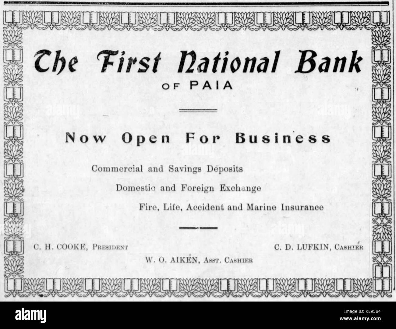 Die First National Bank von Ple (ad, 25. Okt. 1913) Stockfoto