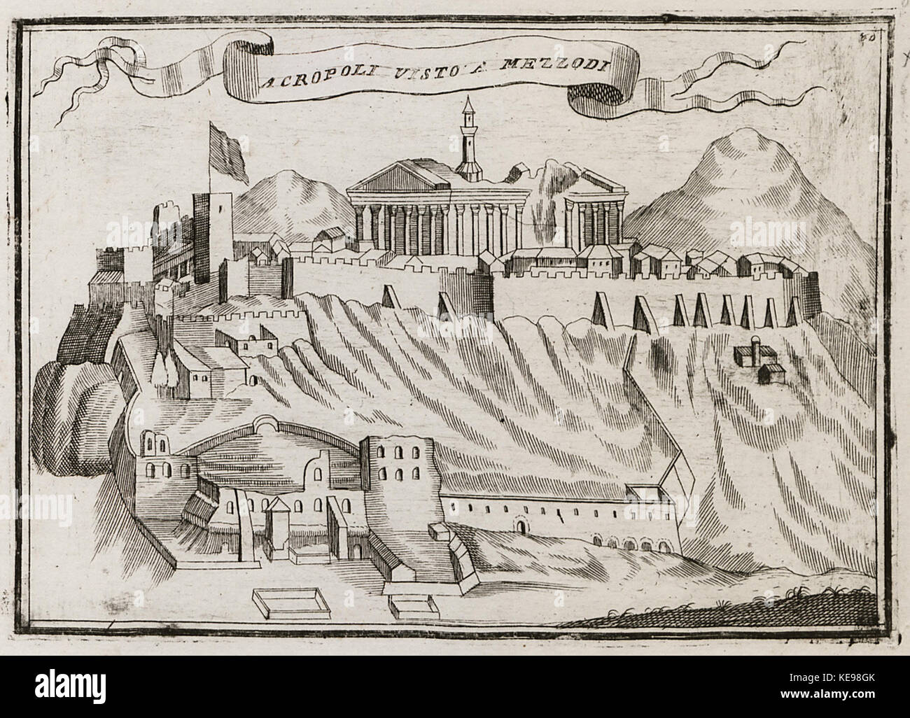 Diese Illustration von Vincenzo Coronelli aus dem Jahr 1686 zeigt einen Blick auf die Akropolis in Athen und zeigt die architektonischen Merkmale der antiken Stätte. Stockfoto Diese Illustration von Vincenzo Coronelli aus dem Jahr 1686 zeigt einen Blick auf die Akropolis in Athen und zeigt die architektonischen Merkmale der antiken Stätte. Stockfoto